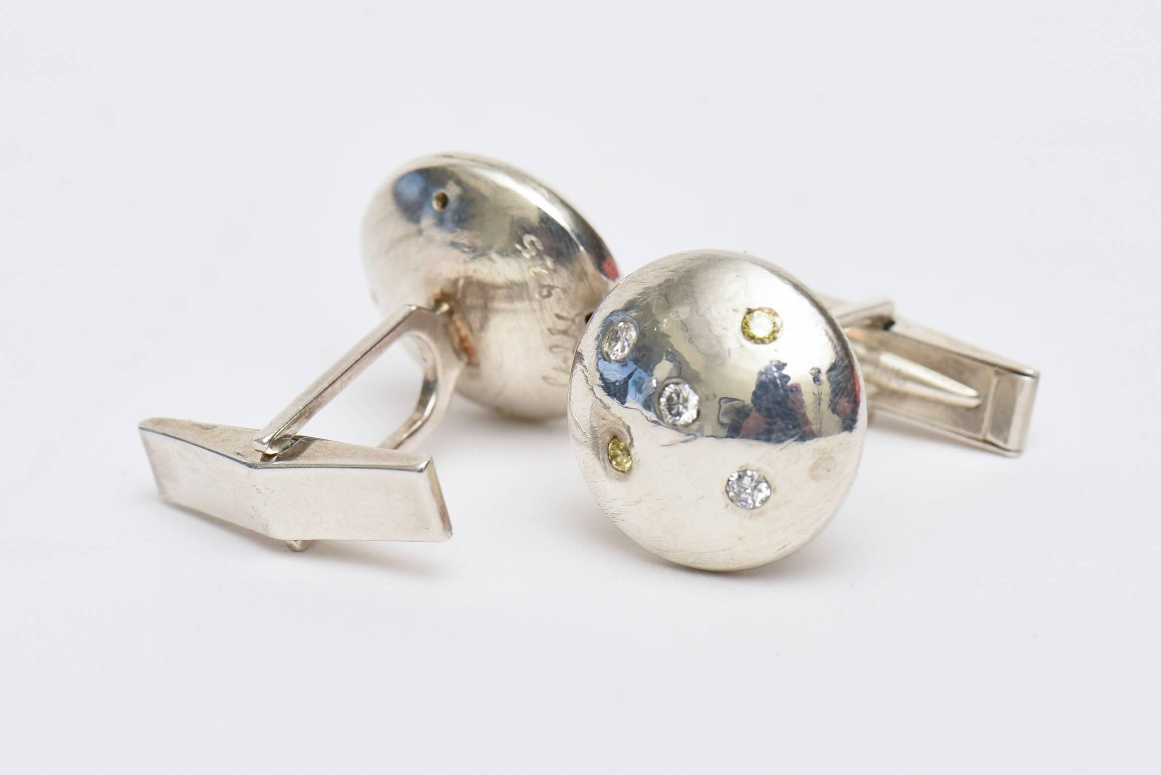 Pair of Sterling Silver and Diamond Dome Cufflinks For Sale 4