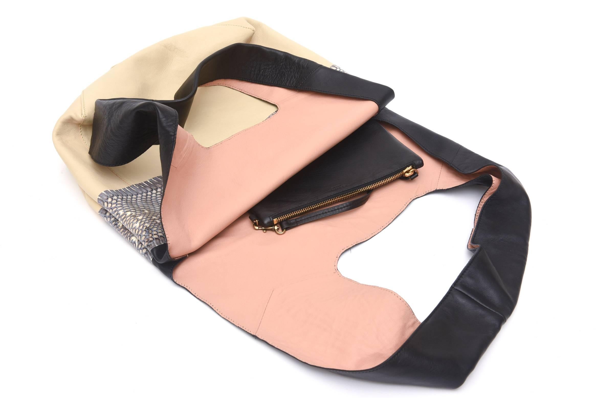 Celine Leather and Snakeskin Black, Cream and White Hobo Shoulder Bag Vintage 1