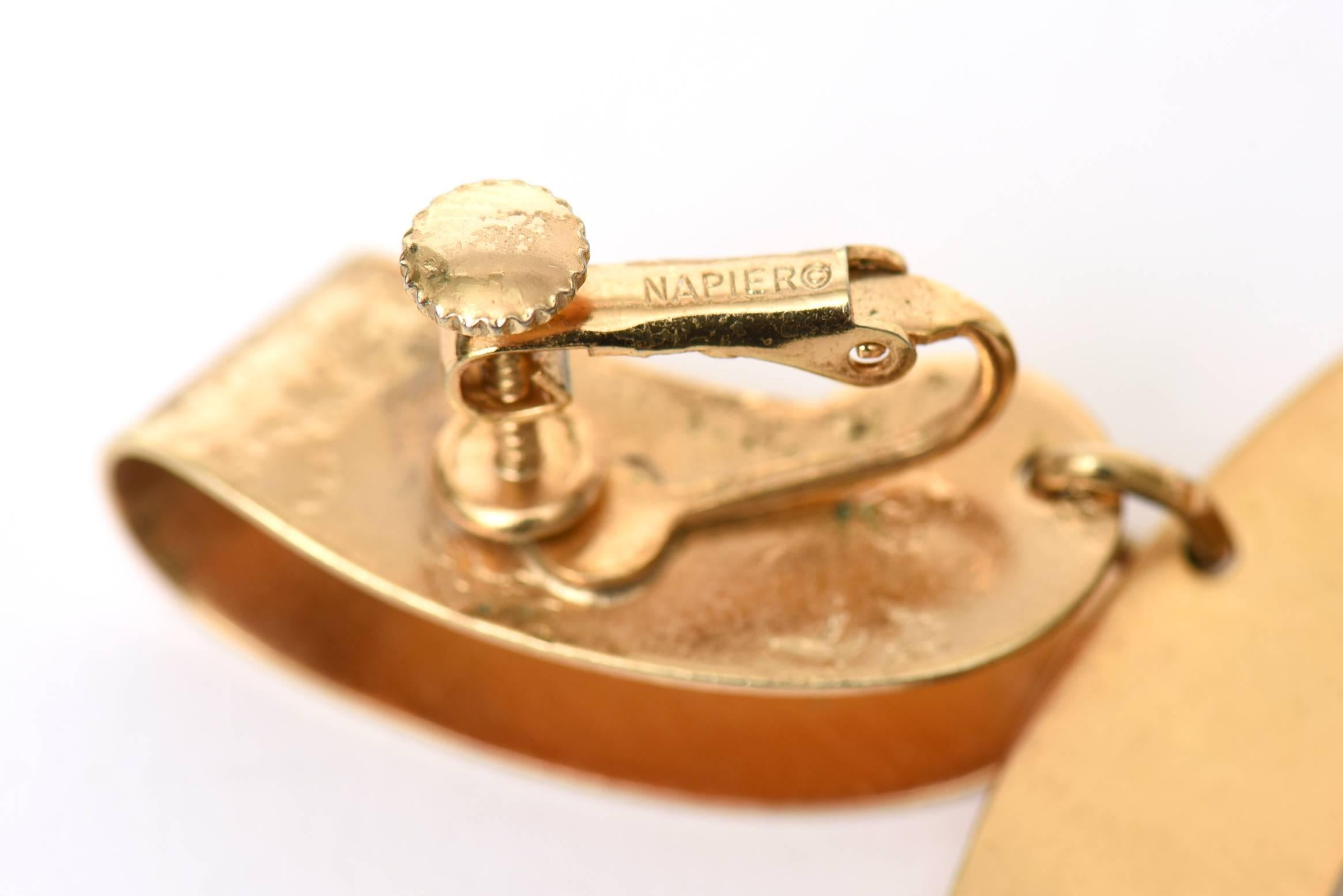 Napier Vintage Gold Plated Clip On Sculptural Dangle Earrings For Sale 1