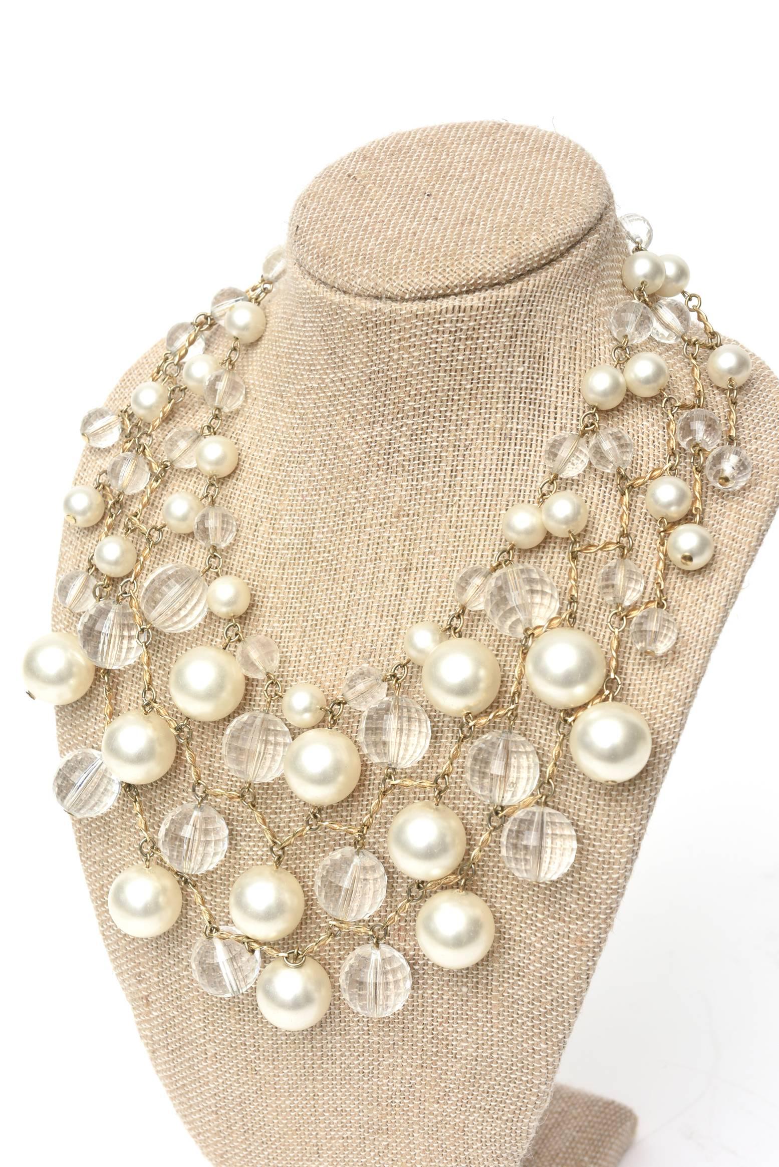 Vintage Faux Pearl, Faceted Lucite and Brass Bib Multi Strand Collar Necklace In Good Condition For Sale In North Miami, FL