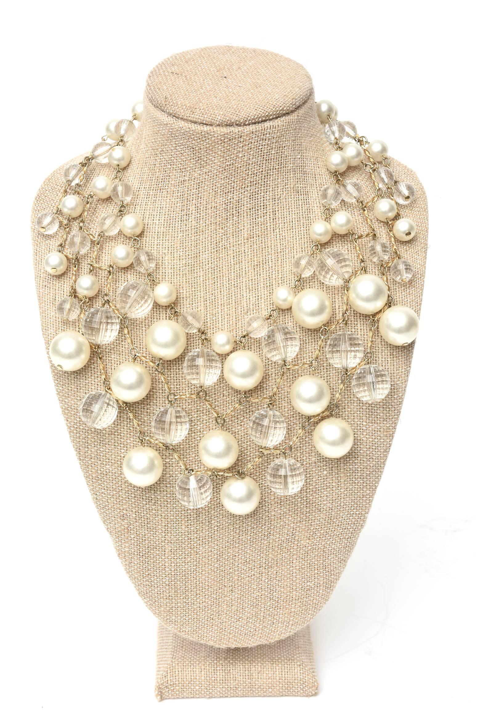 Ball Cut Vintage Faux Pearl, Faceted Lucite and Brass Bib Multi Strand Collar Necklace For Sale