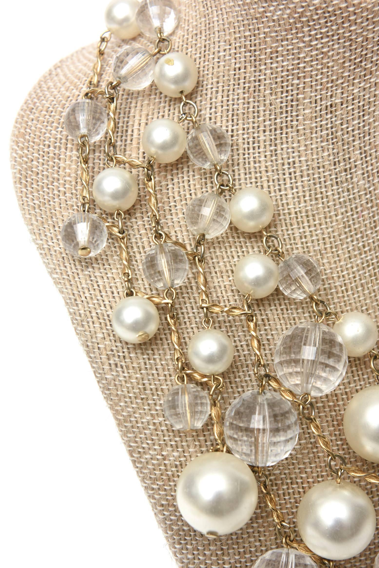 Women's Vintage Faux Pearl, Faceted Lucite and Brass Bib Multi Strand Collar Necklace For Sale