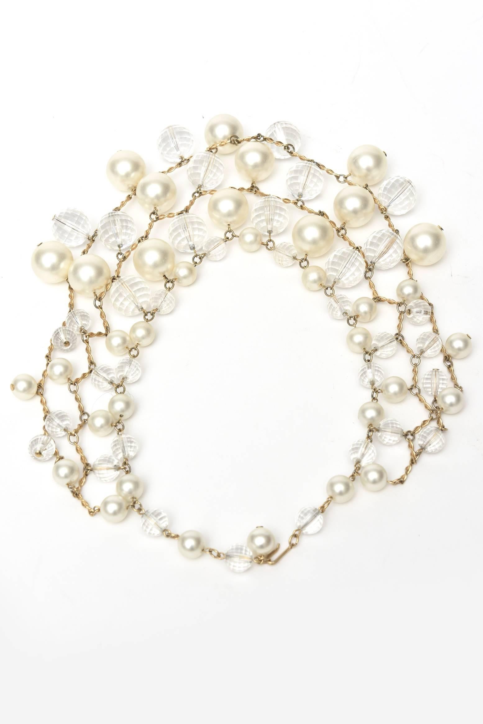 Modern Vintage Faux Pearl, Faceted Lucite and Brass Bib Multi Strand Collar Necklace For Sale