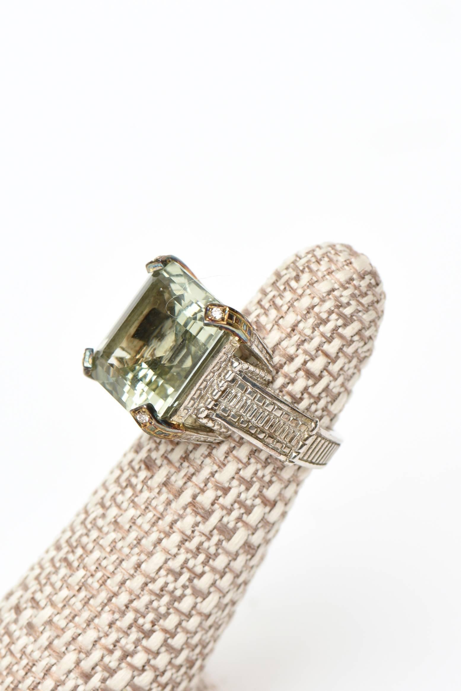 Emerald Cut Judith Ripka Green Amethyst, Diamond , !8K White Gold and Sterling Silver Ring