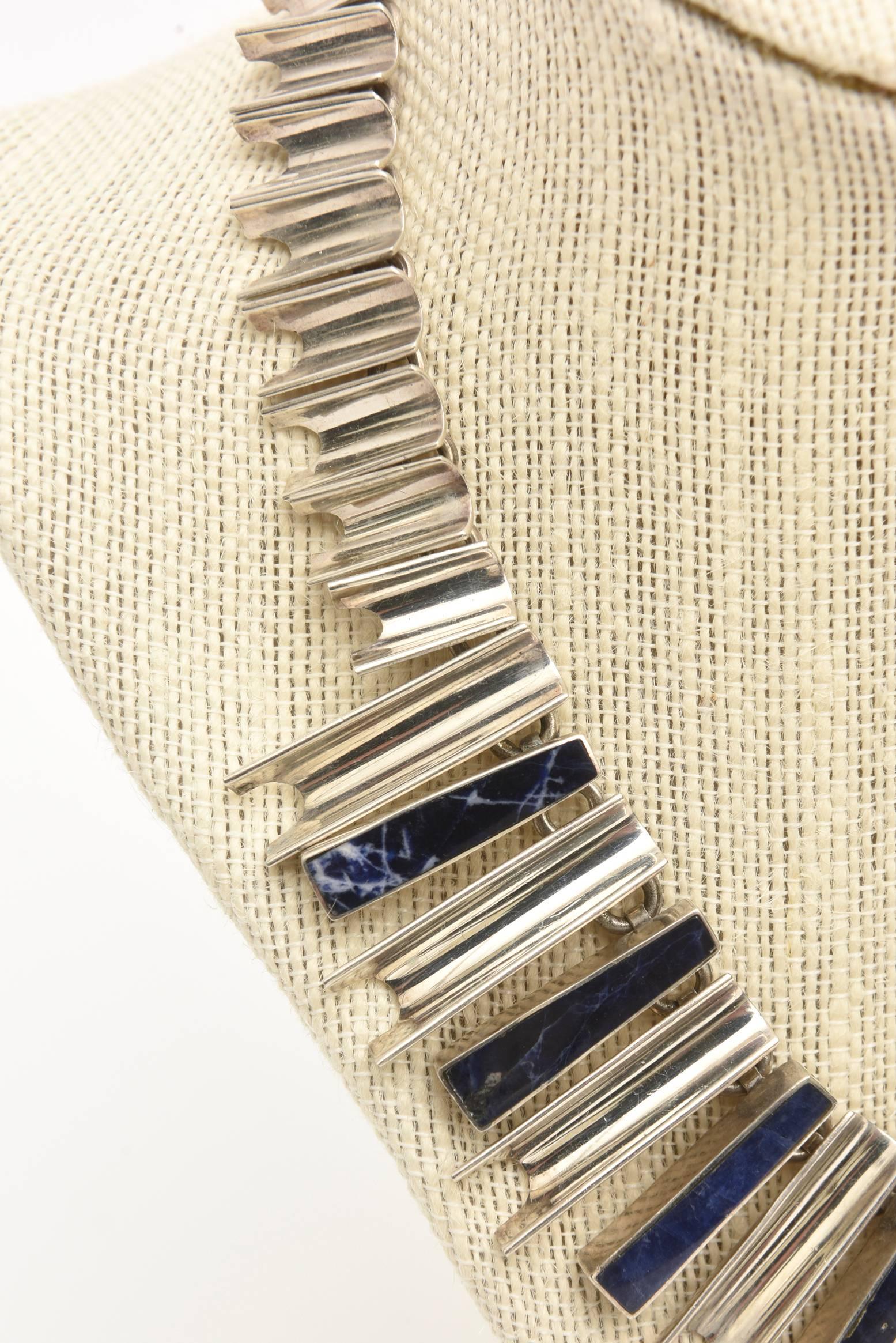 Vintage Signed Sterling Silver and Lapis Lazuli Sculptural Necklace For Sale 4