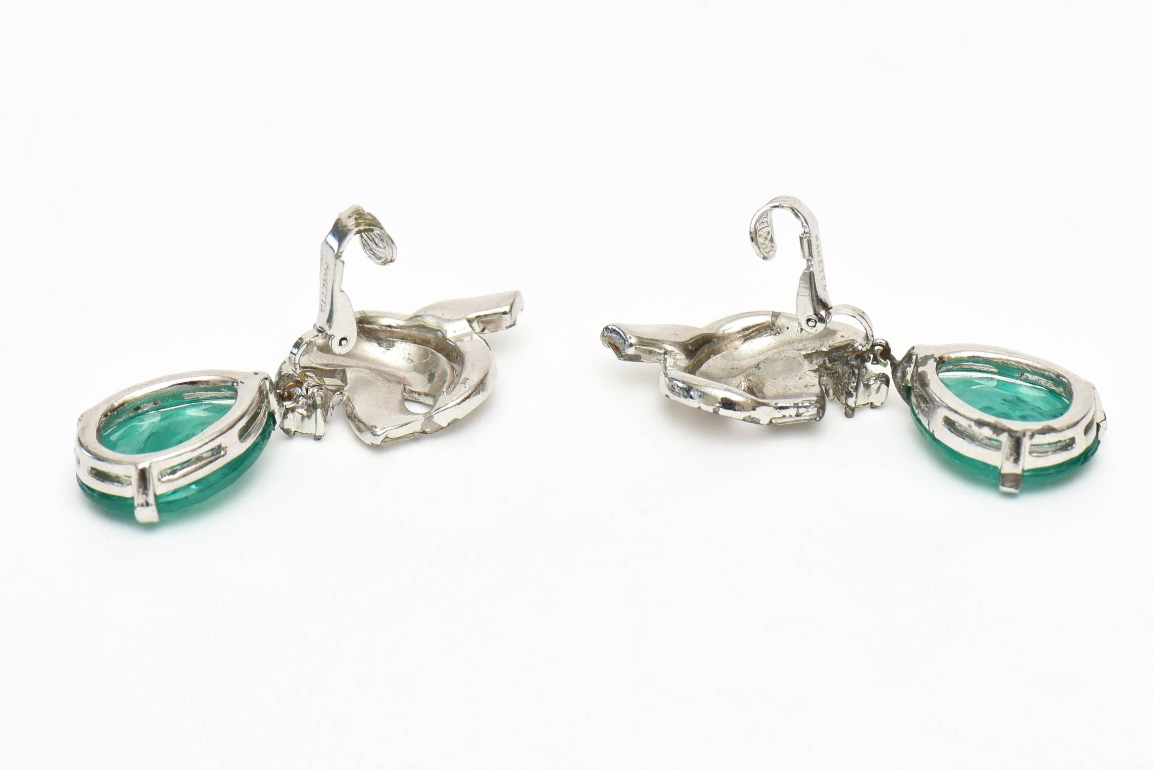 Women's  Panetta Glass and Rhinestone Dangle Clip On Earrings Vintage