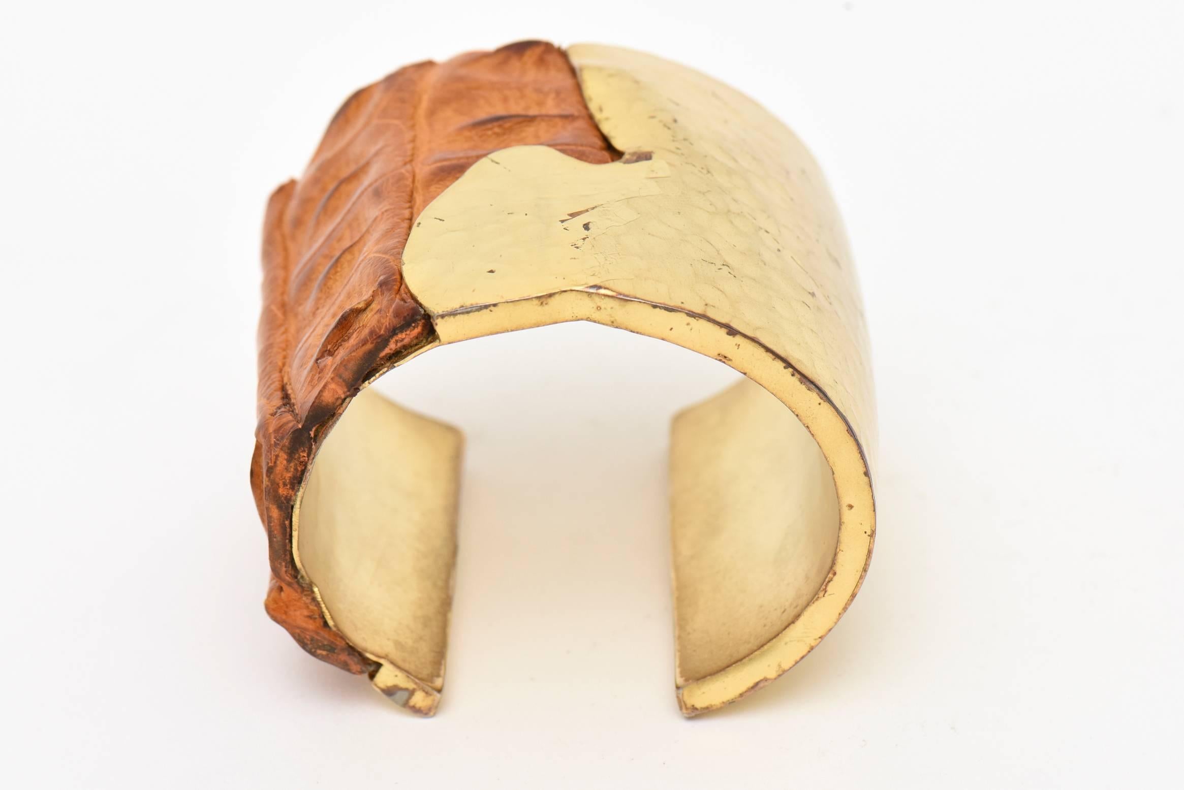 Modern Hammered Brass and Crocodile Leather Cuff Signed Artisan Bracelet For Sale