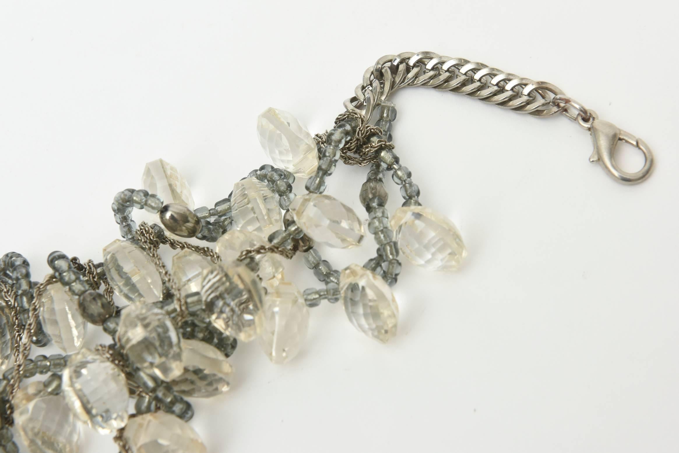 Modern  Faceted Lucite Chain, Beads And Silver Bib Multi Strand Necklace Vintage For Sale
