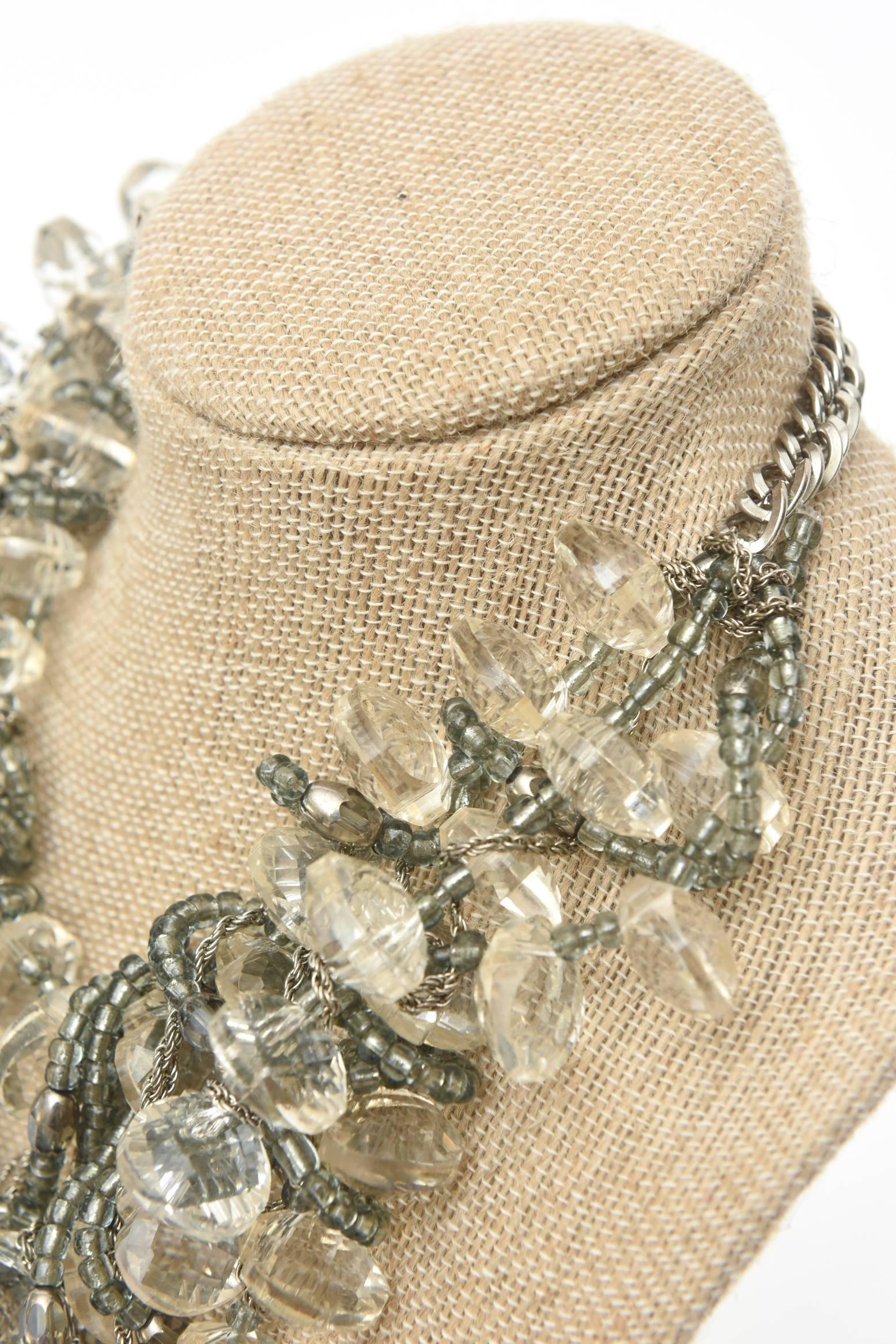  Faceted Lucite Chain, Beads And Silver Bib Multi Strand Necklace Vintage For Sale 2