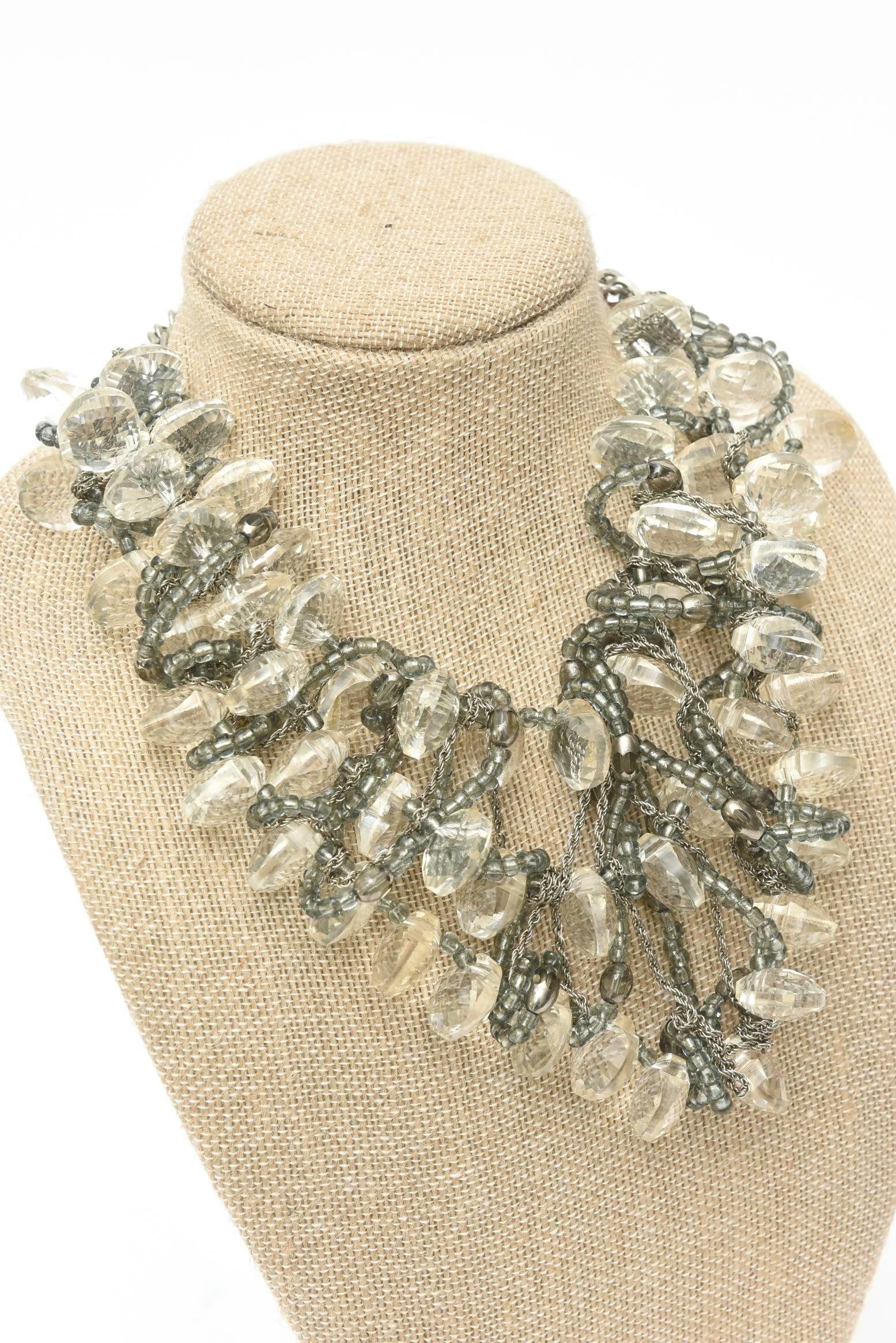 Women's  Faceted Lucite Chain, Beads And Silver Bib Multi Strand Necklace Vintage For Sale