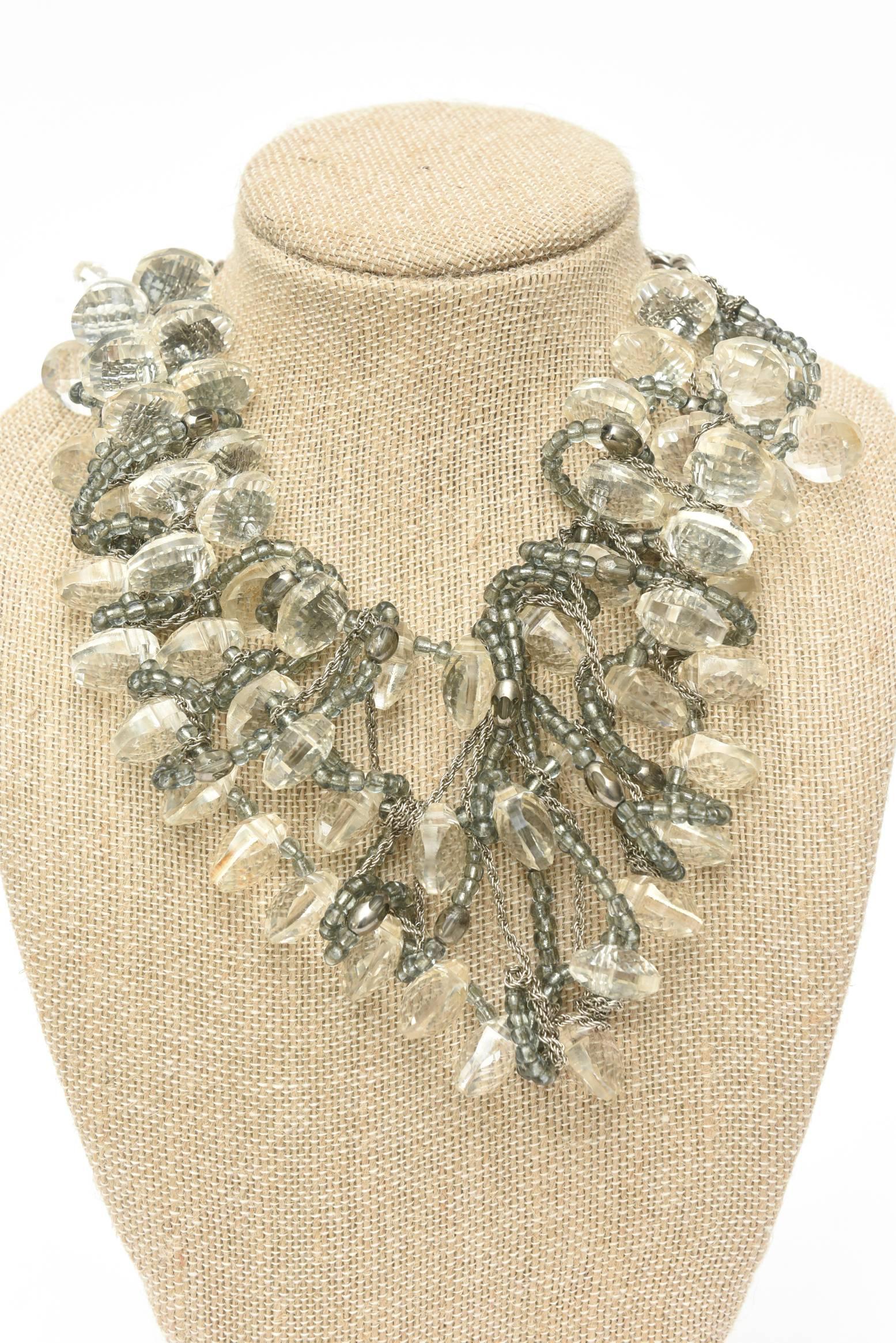  Faceted Lucite Chain, Beads And Silver Bib Multi Strand Necklace Vintage For Sale 1