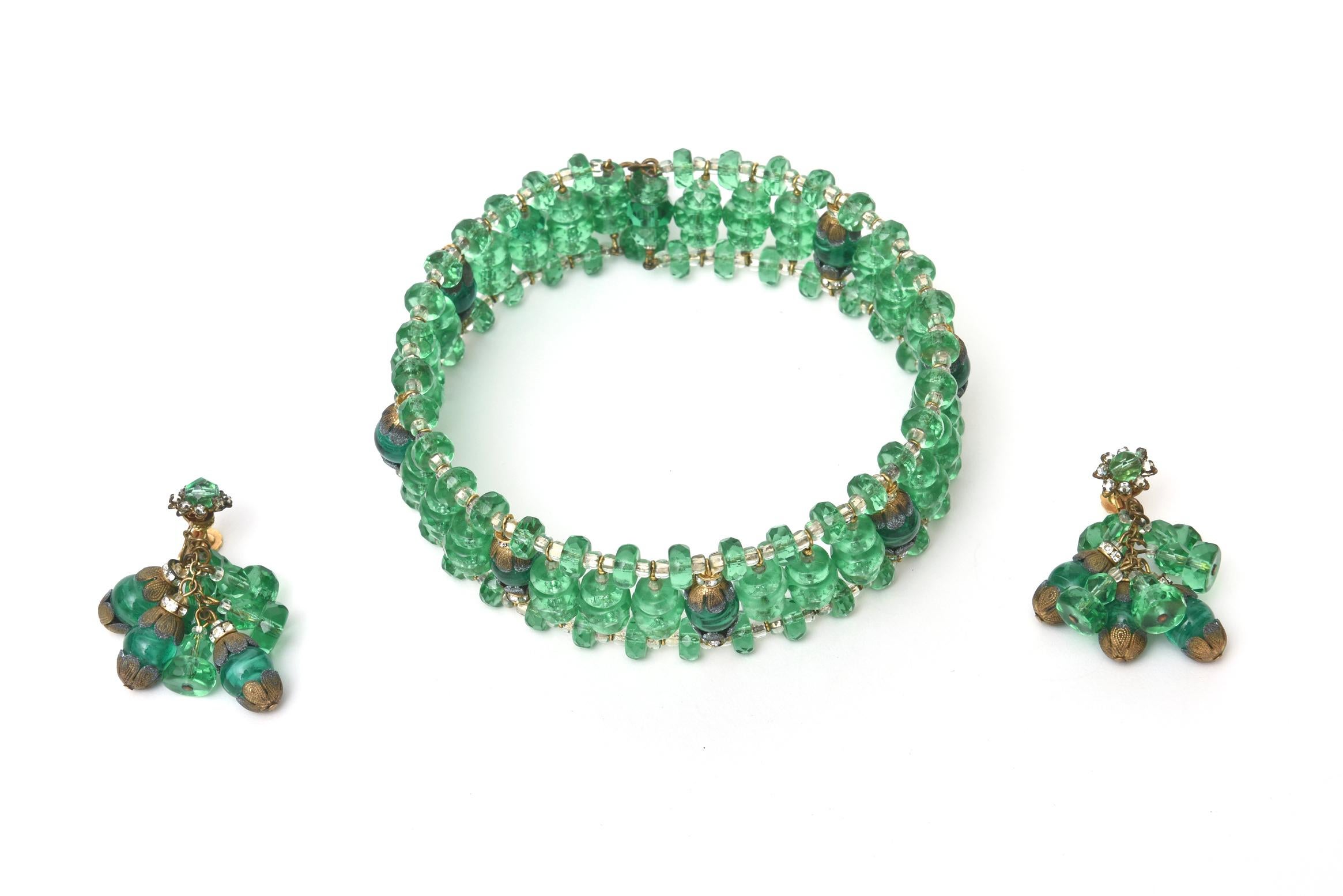  Miriam Haskell Beaded Green Glass Choker & Matching Dangle Earrings Set Vintage 3