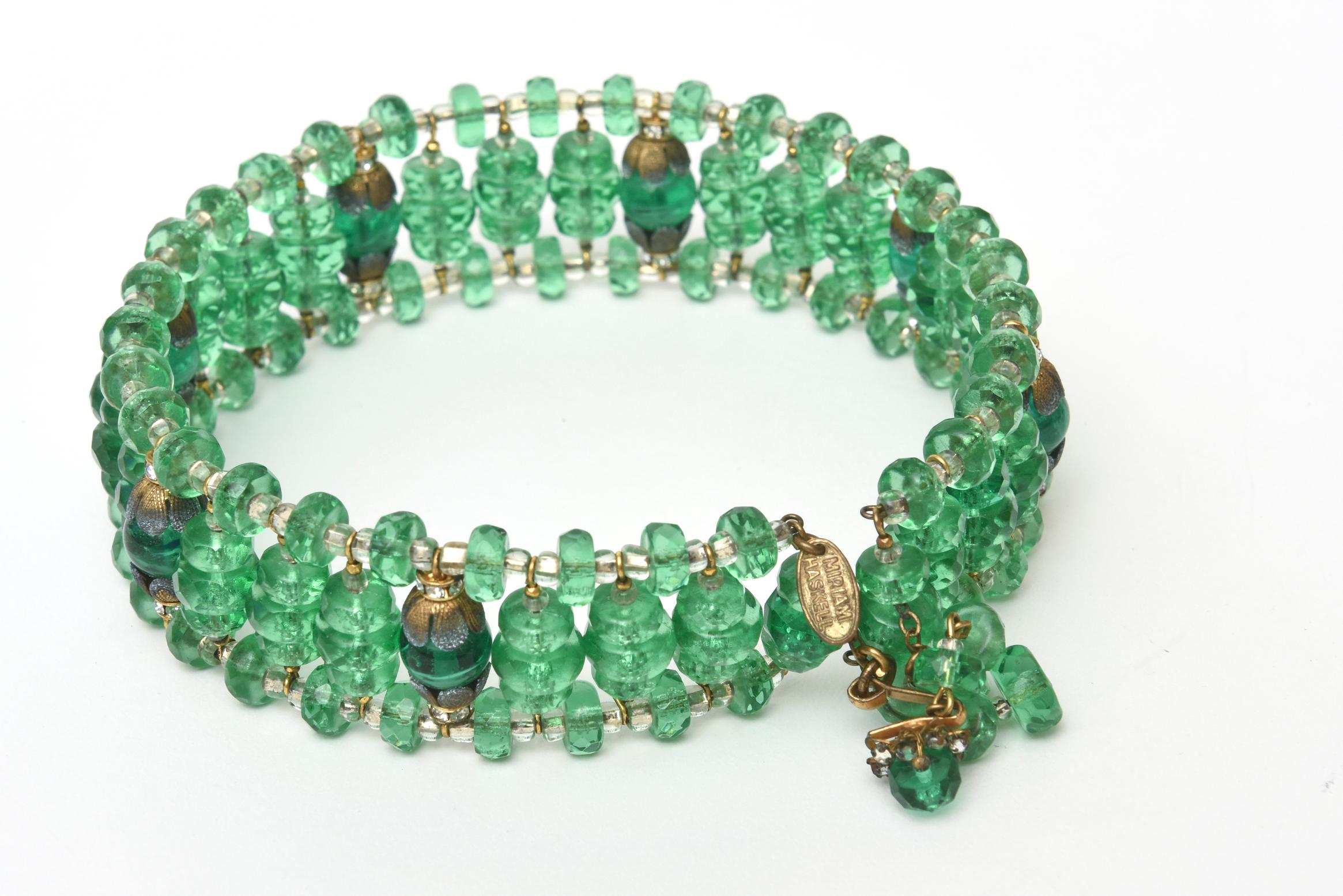 Modern  Miriam Haskell Beaded Green Glass Choker & Matching Dangle Earrings Set Vintage