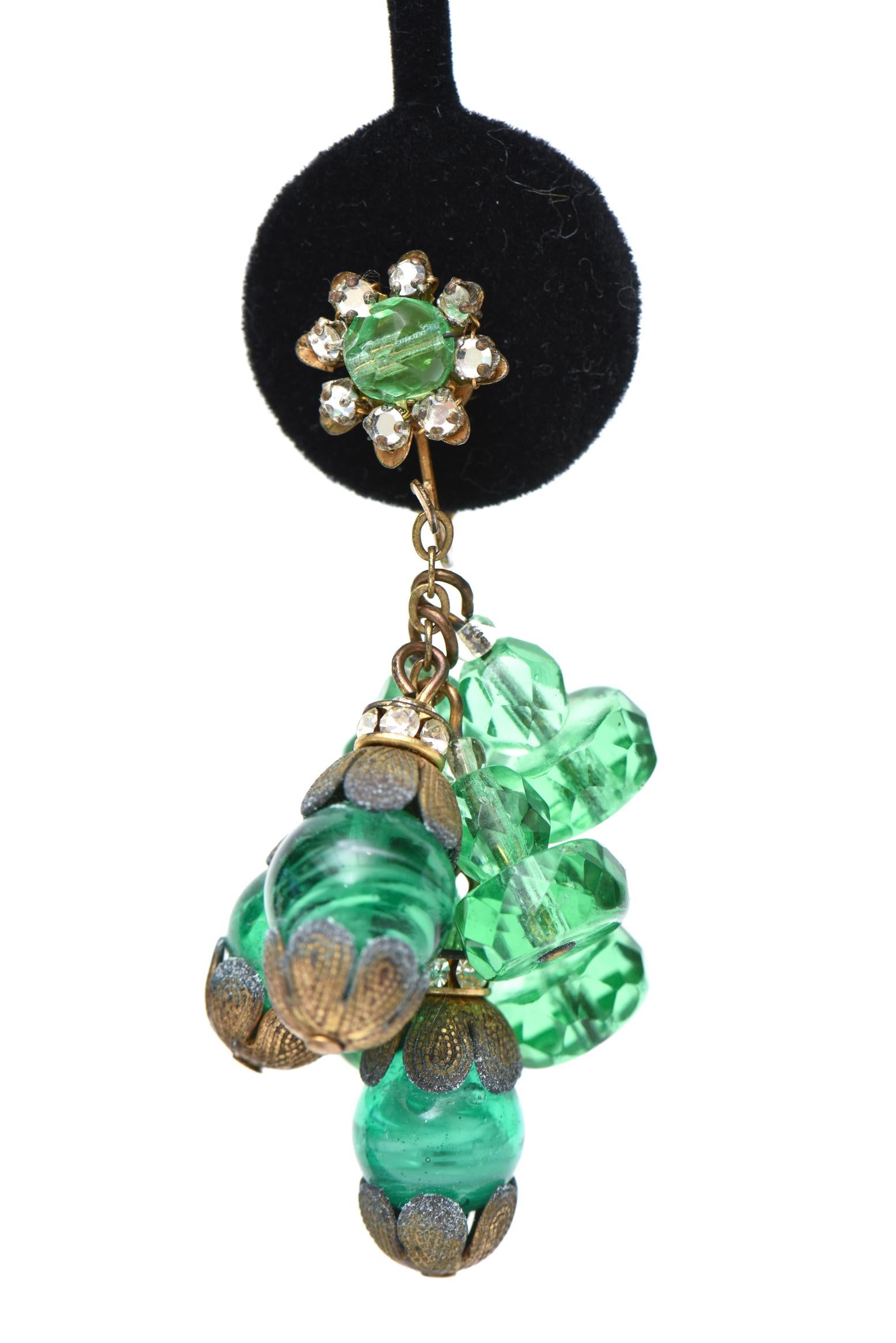  Miriam Haskell Beaded Green Glass Choker & Matching Dangle Earrings Set Vintage 1