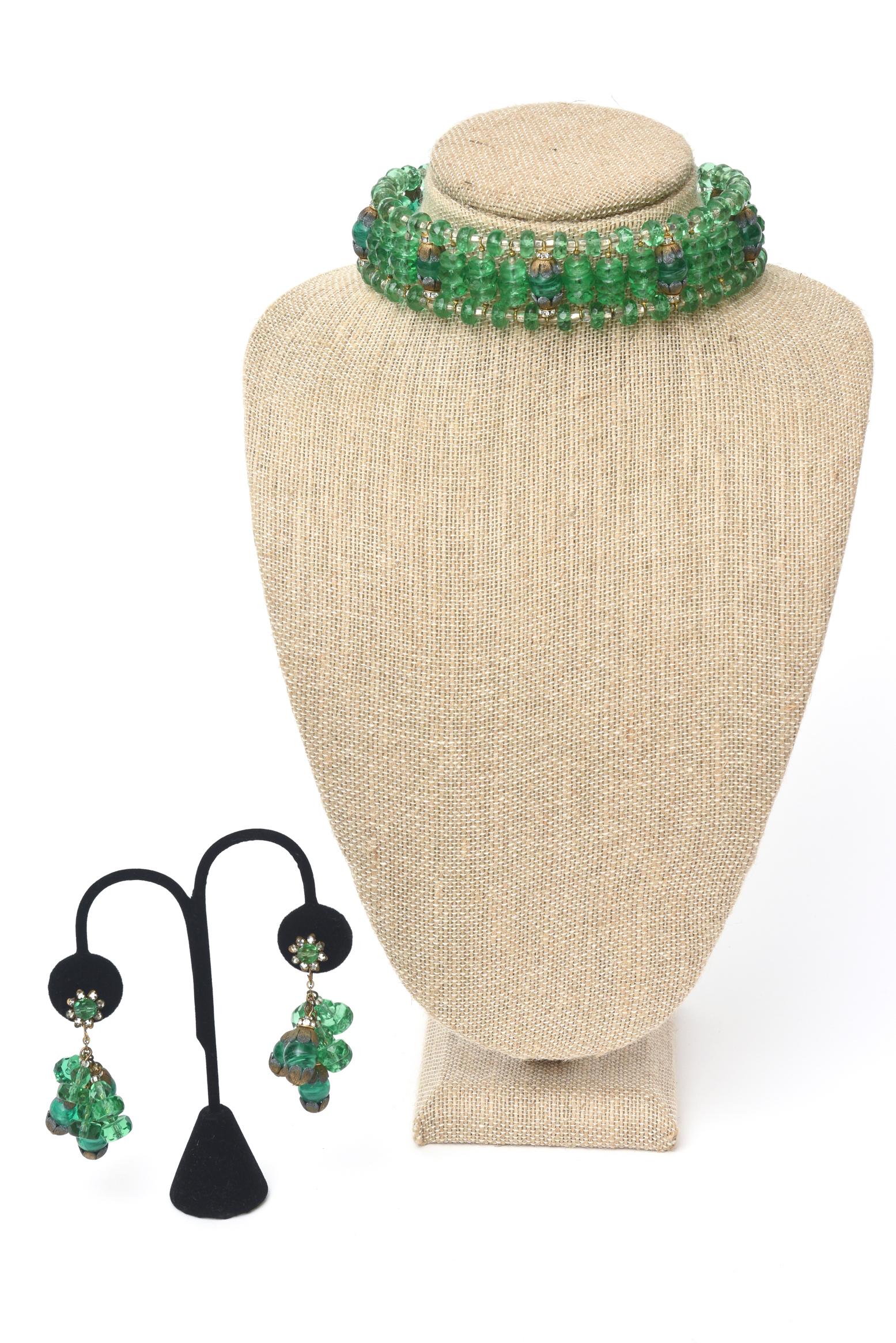  Miriam Haskell Beaded Green Glass Choker & Matching Dangle Earrings Set Vintage 4