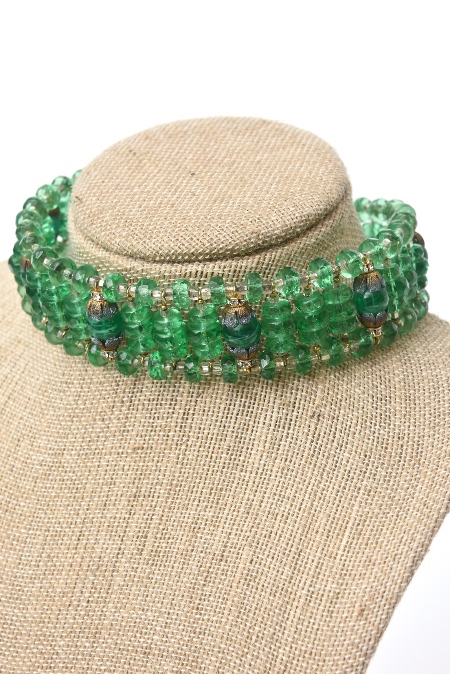  Miriam Haskell Beaded Green Glass Choker & Matching Dangle Earrings Set Vintage 5