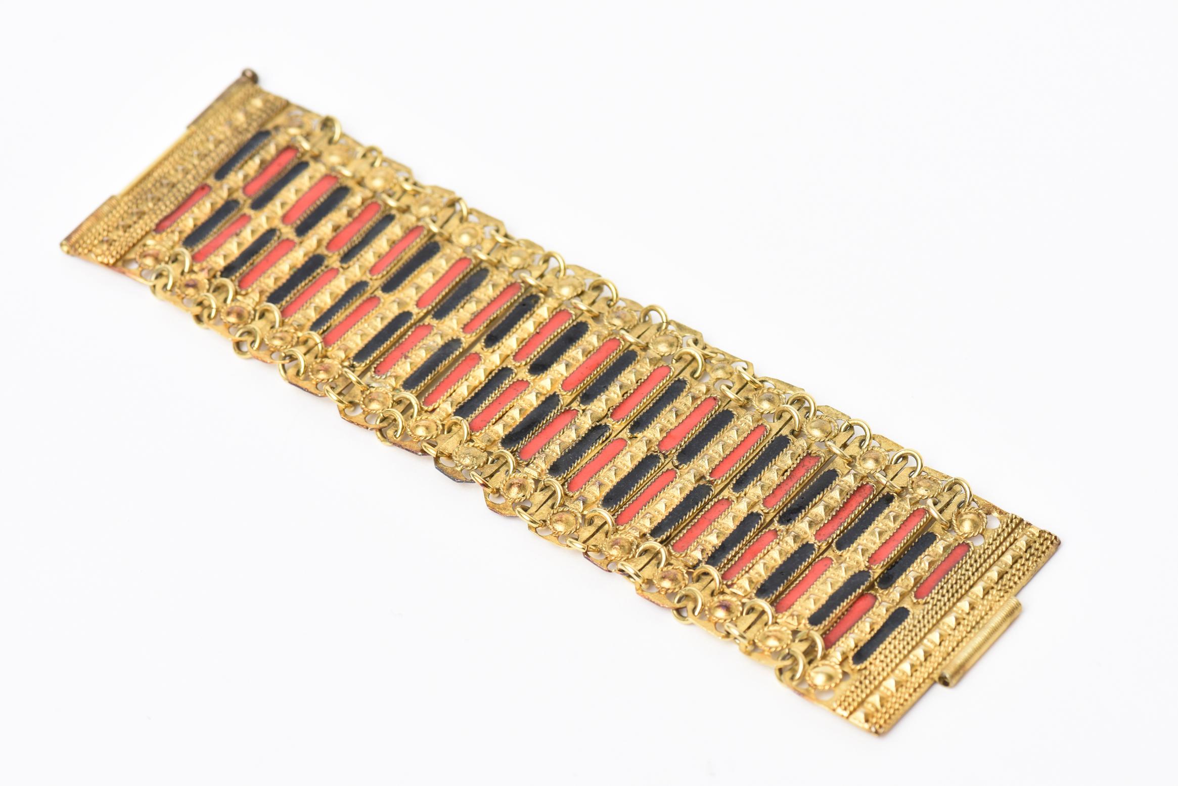 Modern  Vintage Grecian Gold Plated Metal With Red And Black Enamel Cuff Bracelet For Sale