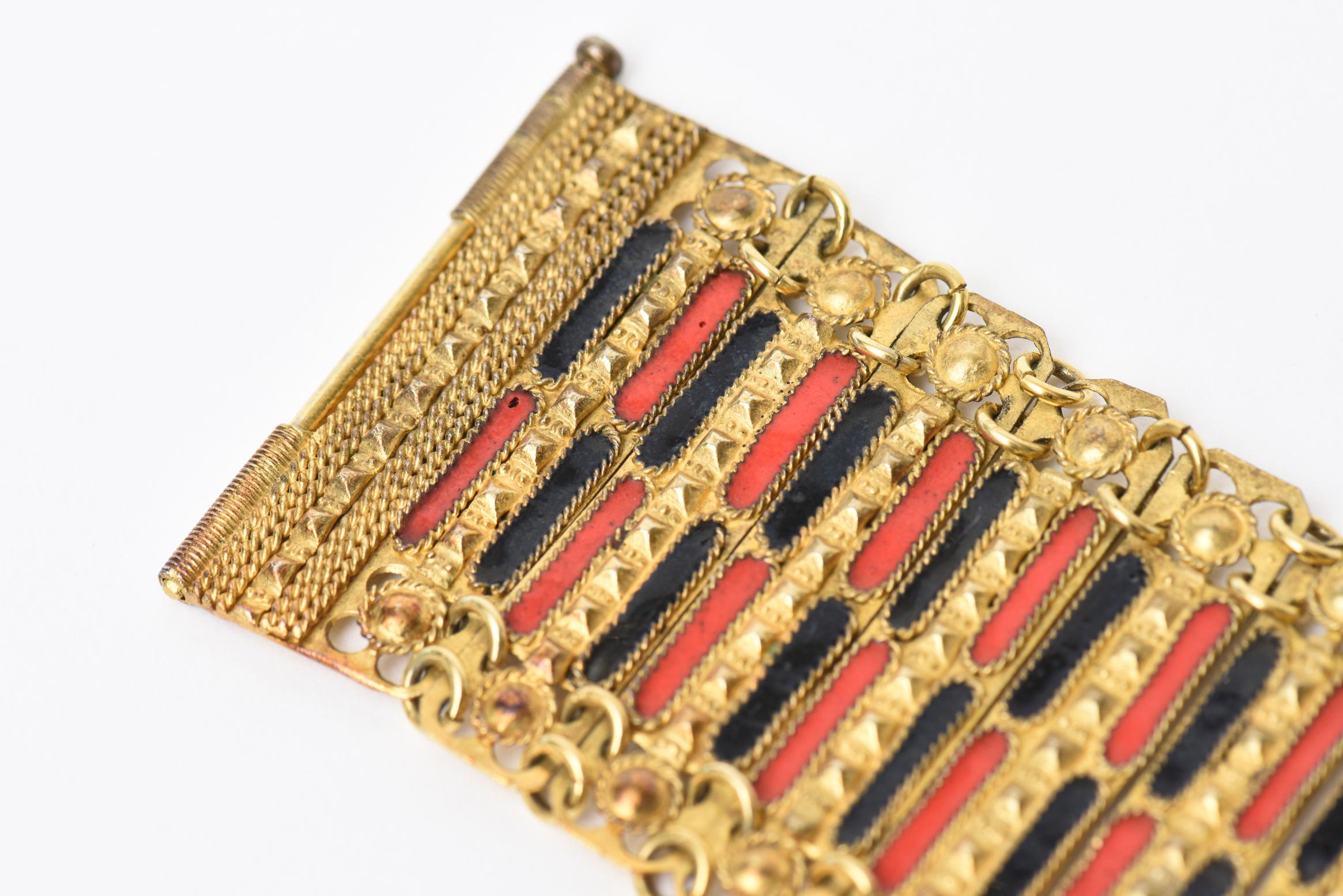  Vintage Grecian Gold Plated Metal With Red And Black Enamel Cuff Bracelet In Good Condition For Sale In North Miami, FL