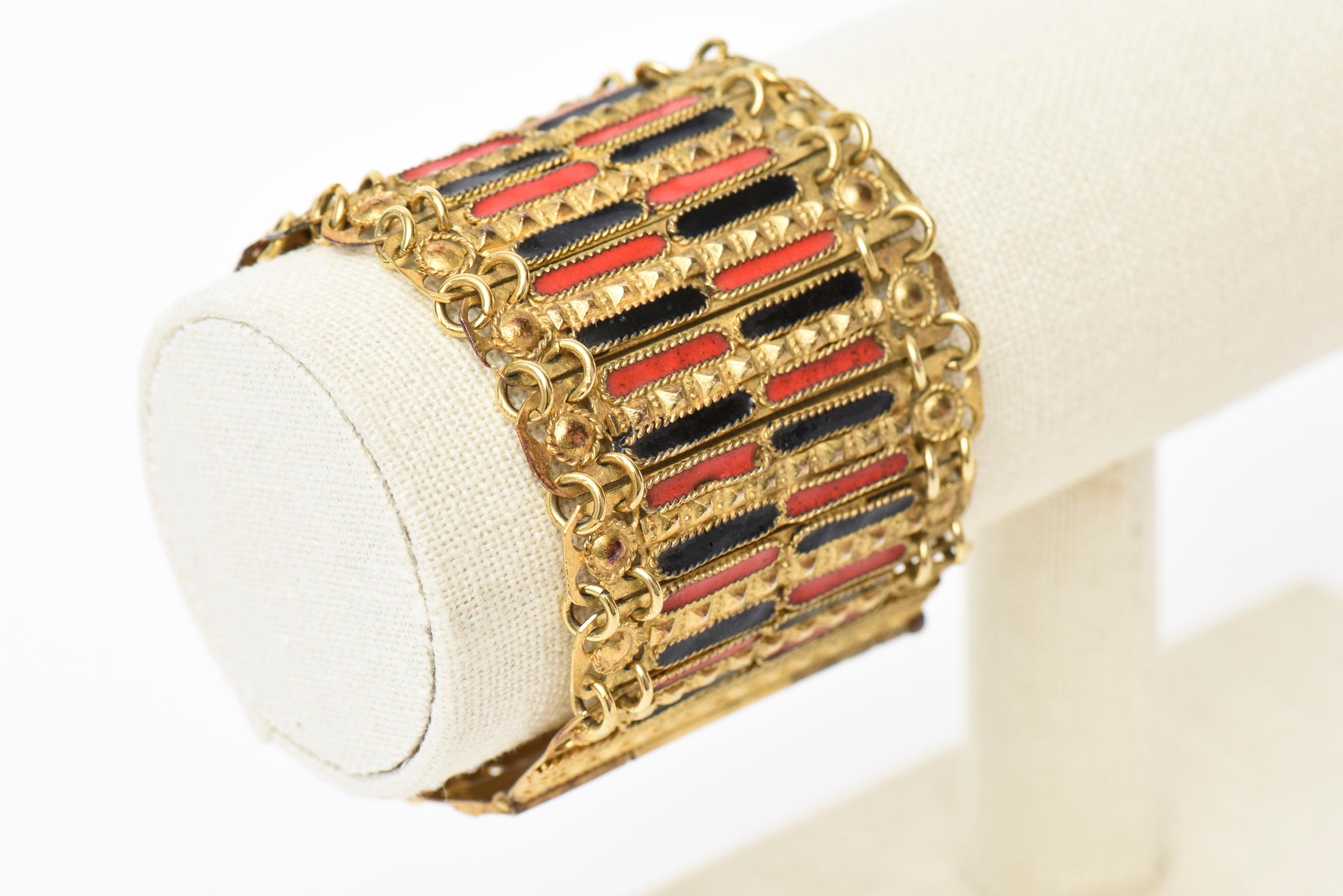  Vintage Grecian Gold Plated Metal With Red And Black Enamel Cuff Bracelet For Sale 3