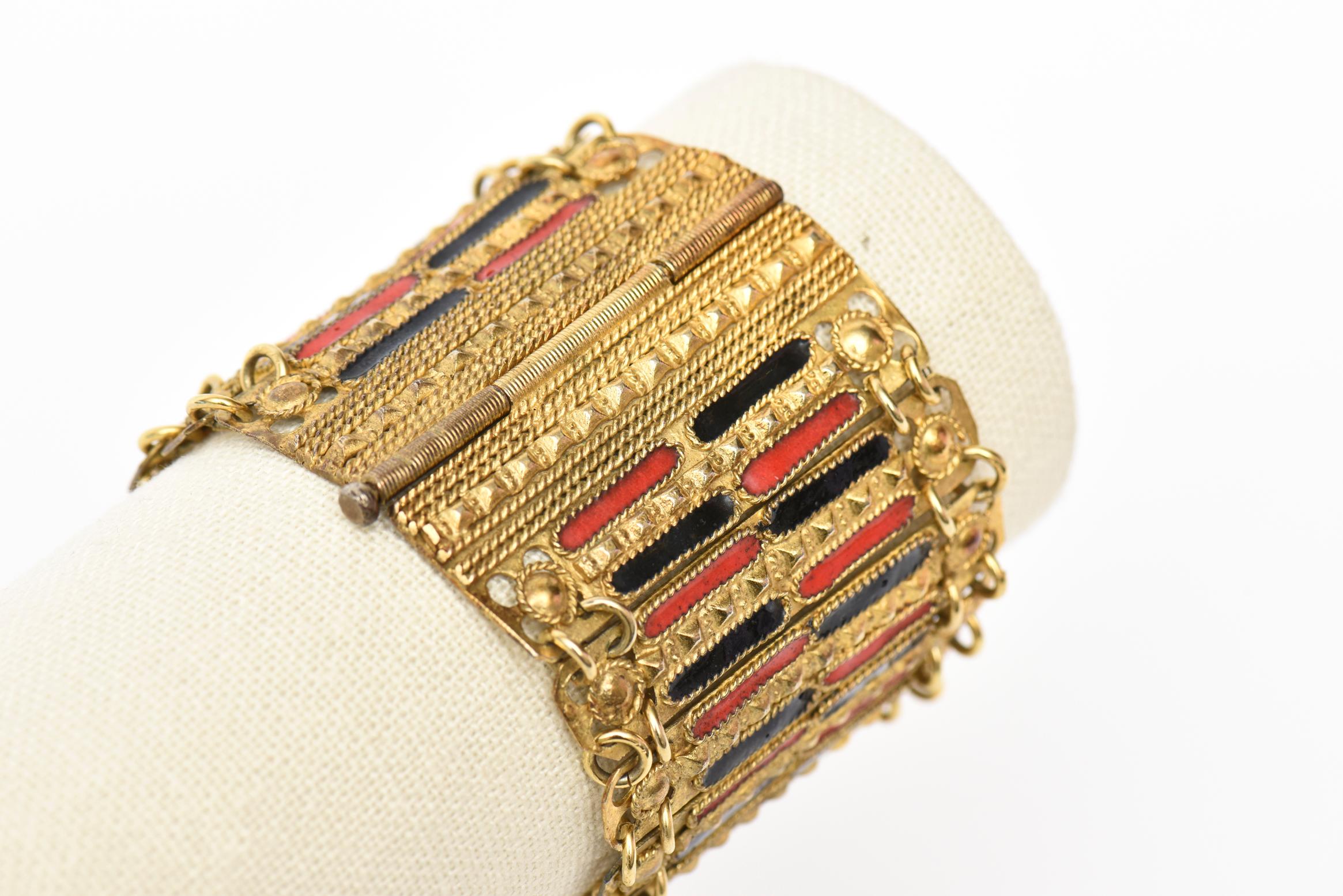  Vintage Grecian Gold Plated Metal With Red And Black Enamel Cuff Bracelet For Sale 4