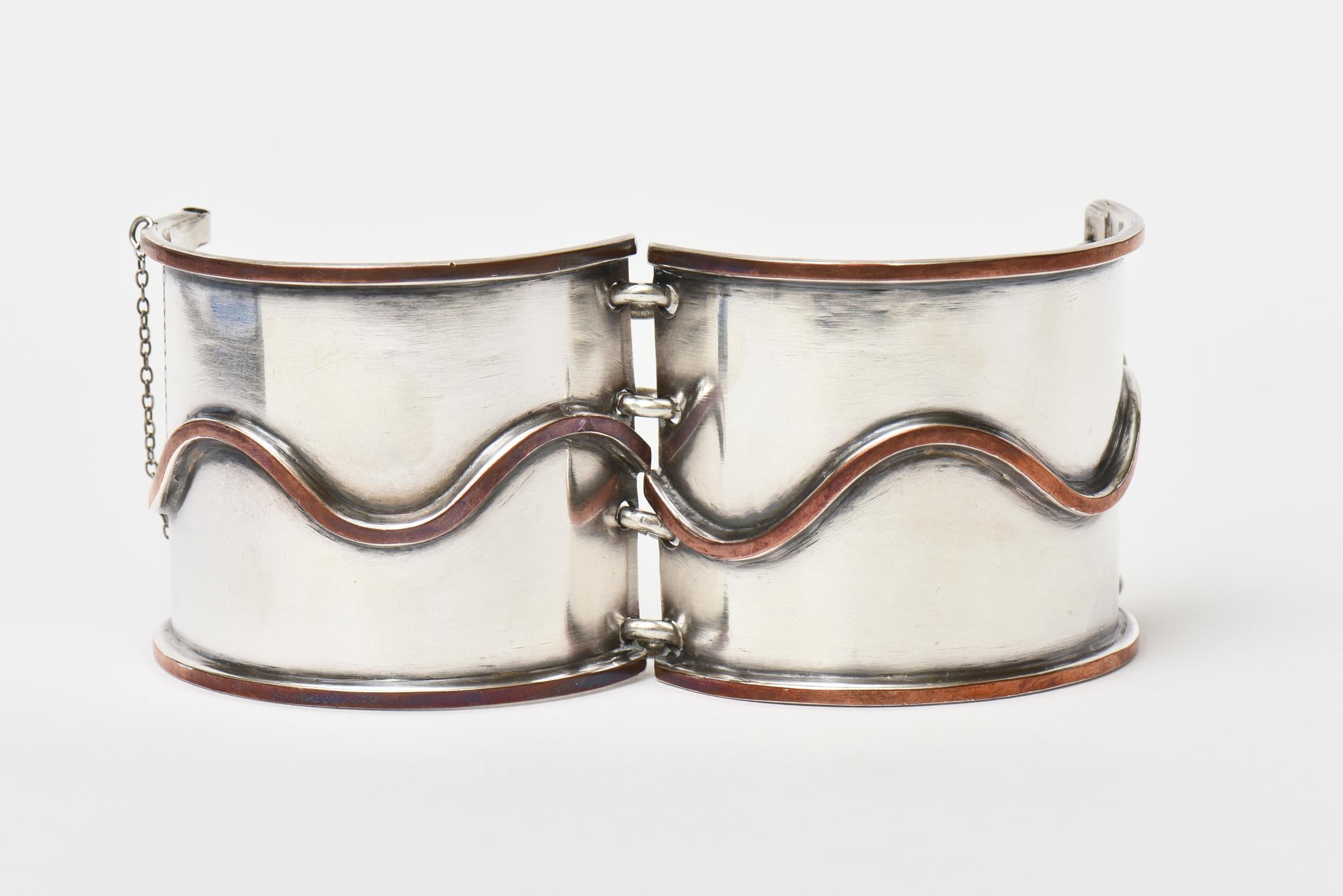 Vintage Chrome and Copper Modernist Cuff Bracelet 1