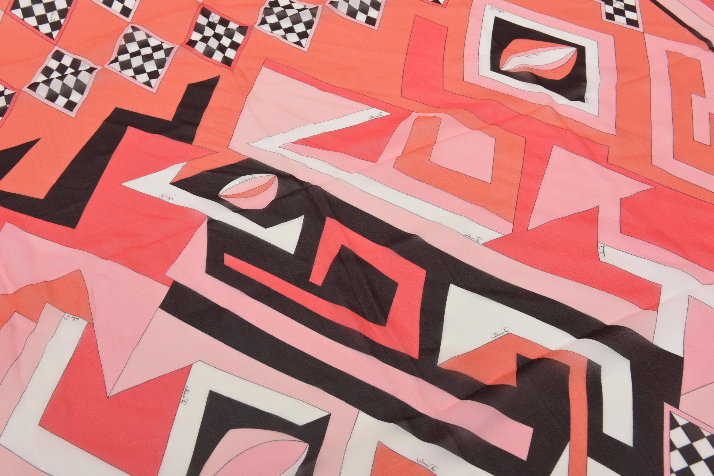 Women's Emilio Pucci Silk Pink, Coral, Black Chiffon Geometric Square Scarf Vintage