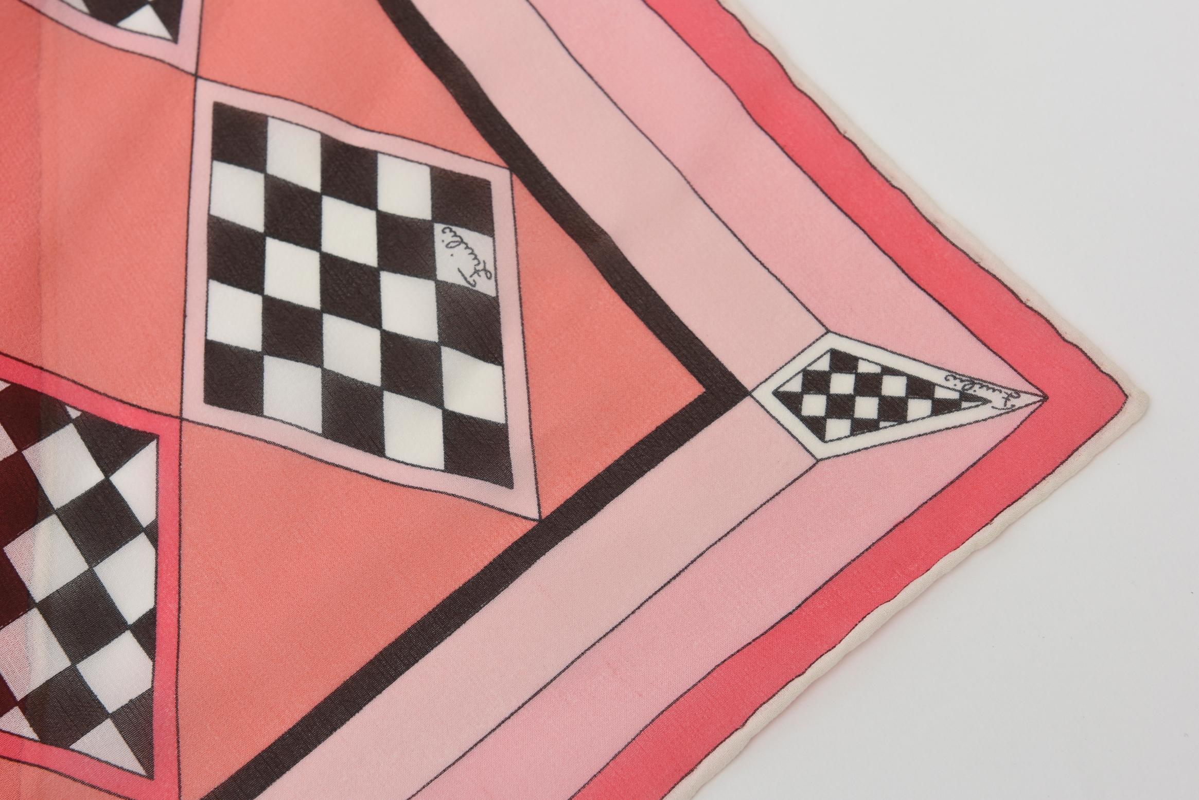 Emilio Pucci Silk Pink, Coral, Black Chiffon Geometric Square Scarf Vintage 3
