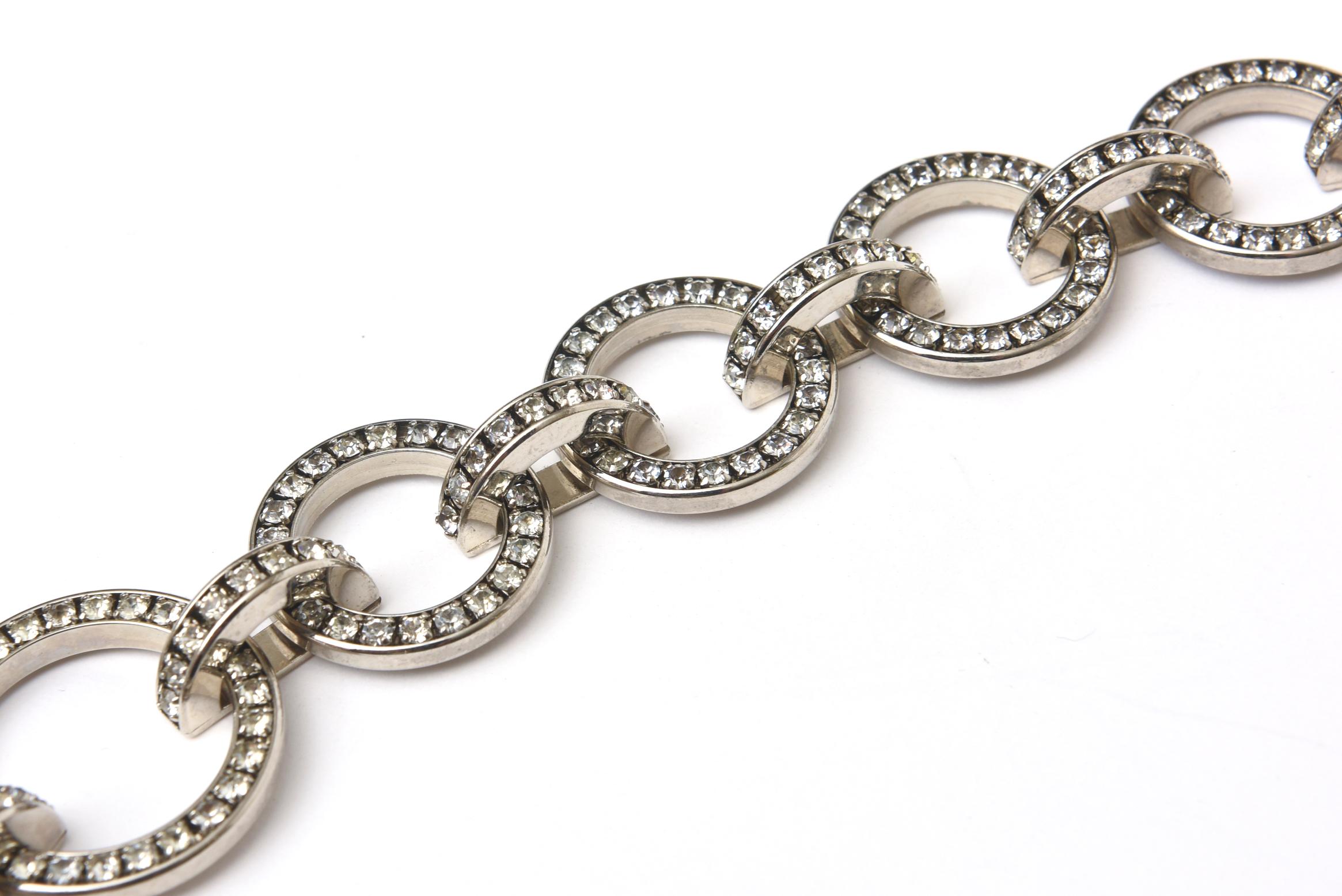 Baguette Cut Valentino Runway Rhinestone, Crystal and Nickel Silver Circle Link Necklace