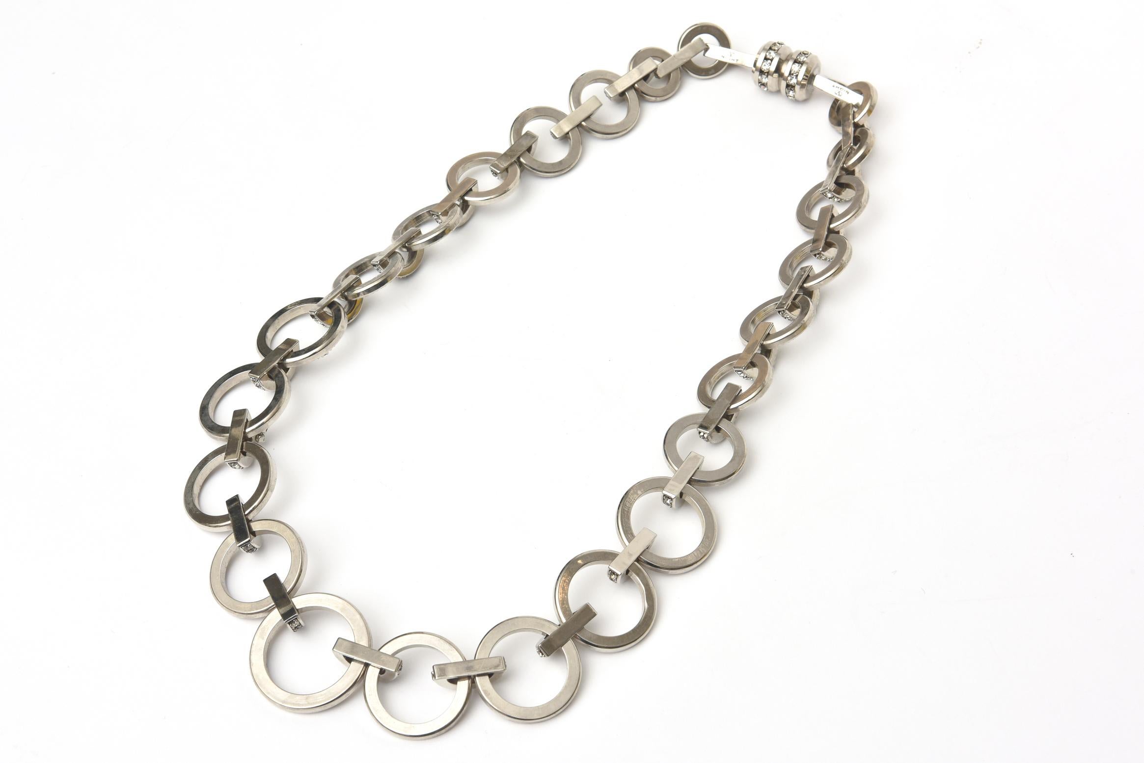 Modern Valentino Runway Rhinestone, Crystal and Nickel Silver Circle Link Necklace
