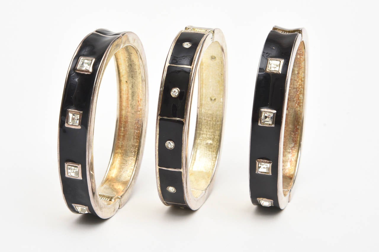Modern Trio of Enamel and Rhinestone Hinged Bangle Bracelets 