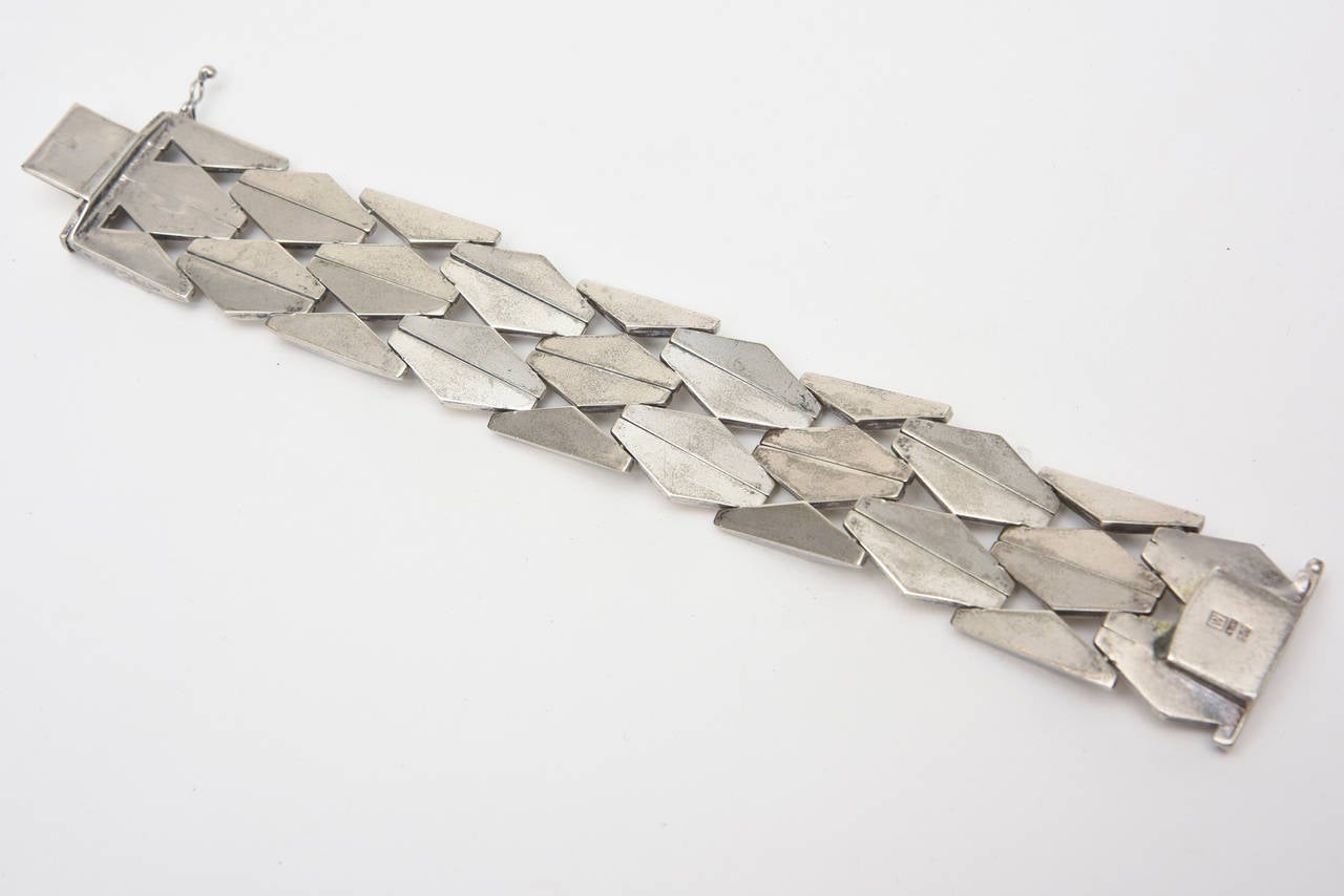 Italian Vintage Sterling Silver Geometric Row Link Bracelet  In Good Condition For Sale In North Miami, FL