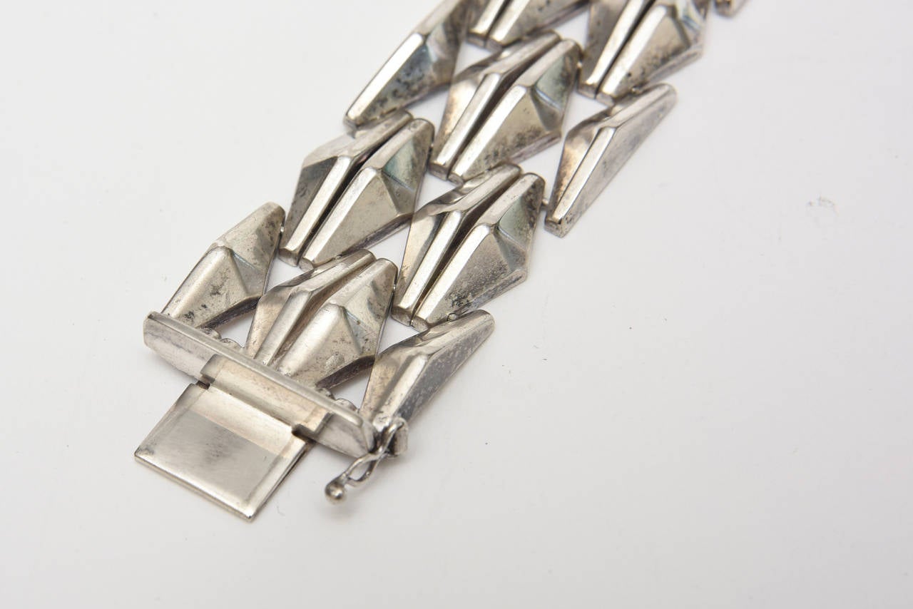 Women's Italian Vintage Sterling Silver Geometric Row Link Bracelet  For Sale