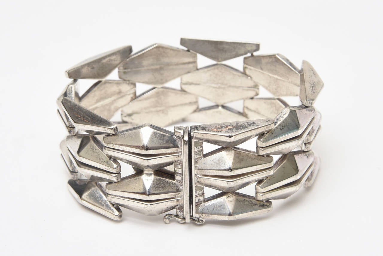 Italian Vintage Sterling Silver Geometric Row Link Bracelet  For Sale 3