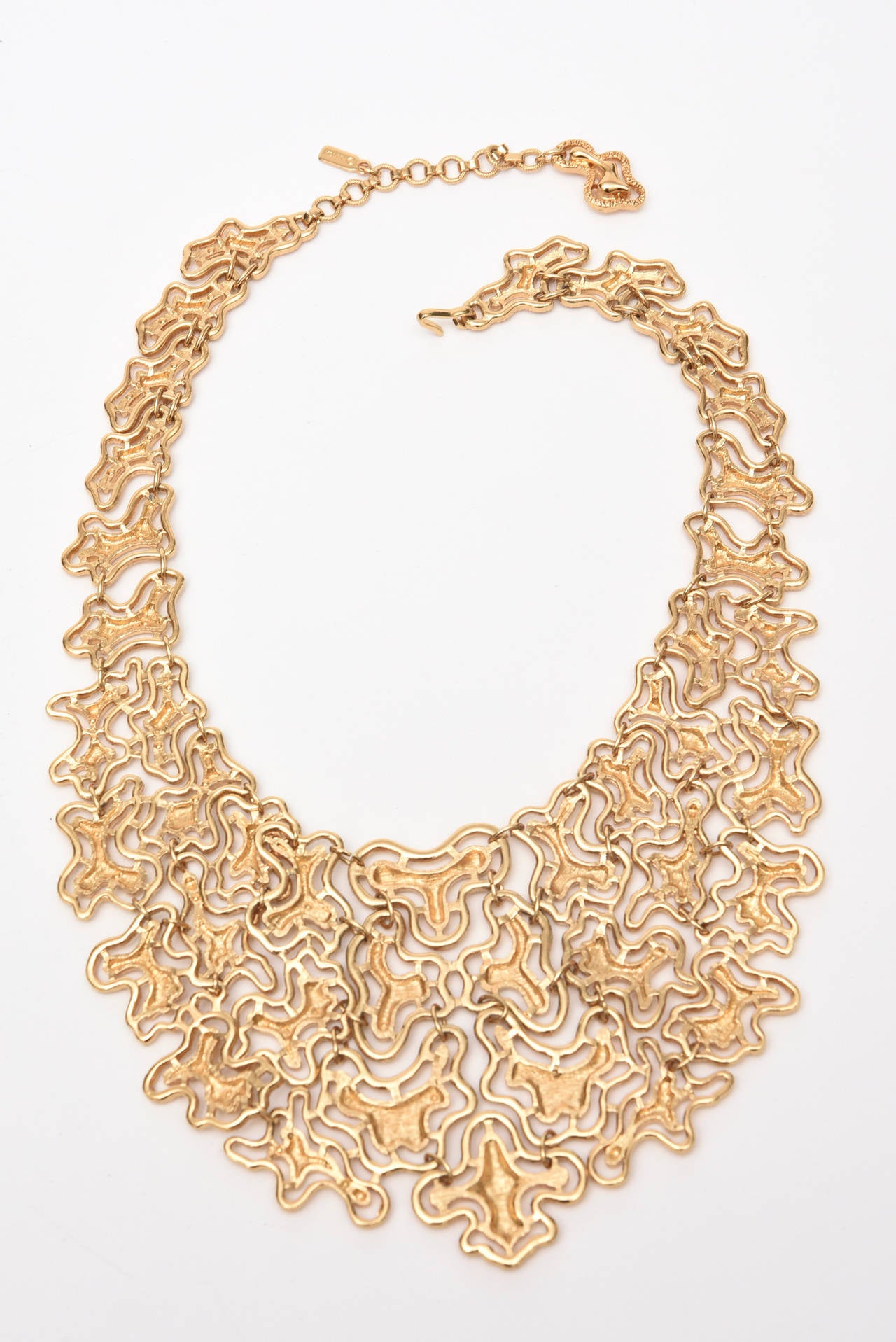 Etruscan Revival Monet Vintage Sculptural Gold Tone Bib Abstract Design Necklace For Sale