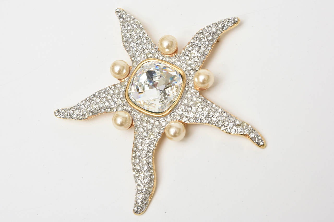 Modern Valentino Faux Pearl and Glass Rhinestone Starfish Runway Pin / Brooch Vintage For Sale
