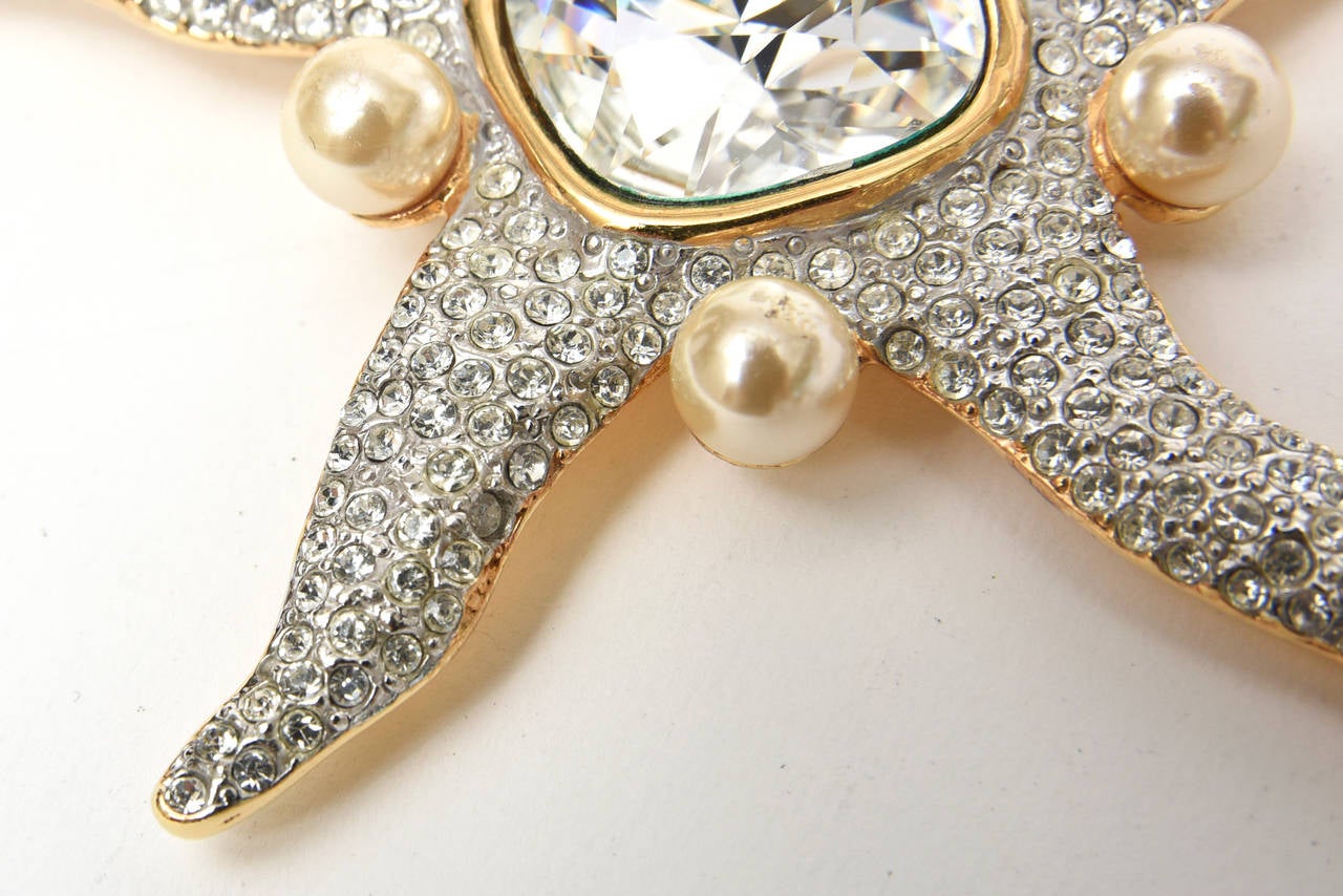 Bead Valentino Faux Pearl and Glass Rhinestone Starfish Runway Pin / Brooch Vintage For Sale