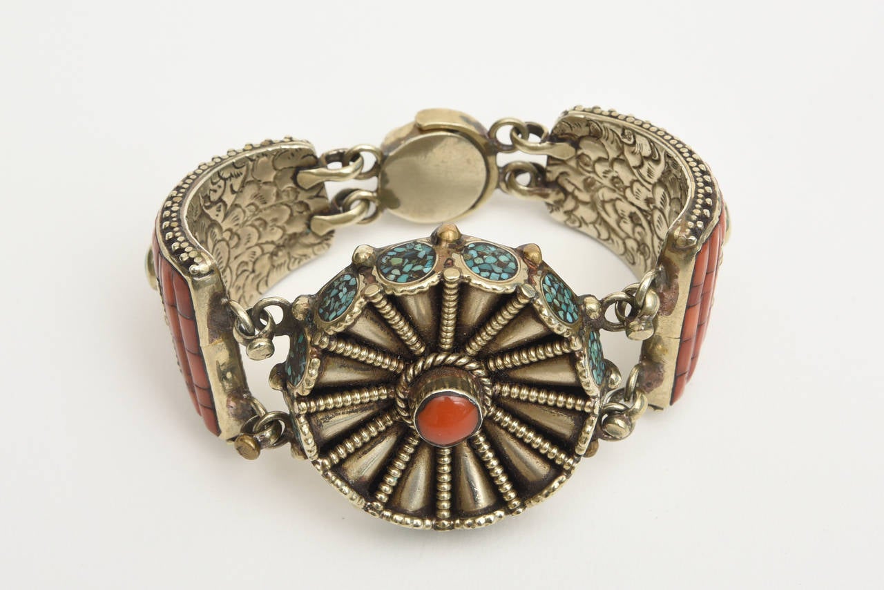 Anglo-Indian Coral, Silver and Turquoise Cuff Bracelet