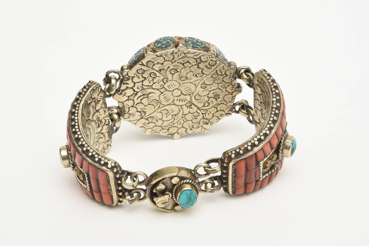 Coral, Silver and Turquoise Cuff Bracelet In Good Condition In North Miami, FL