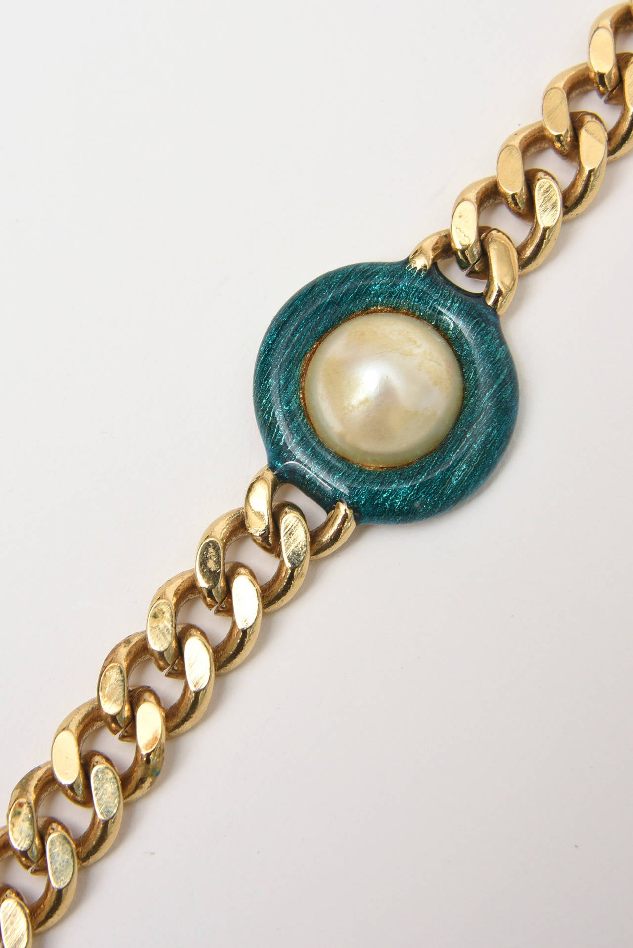 Guy Laroche Gold Tone Chain Link Strand Necklace with Enamel and Faux Pearl For Sale at 1stdibs
