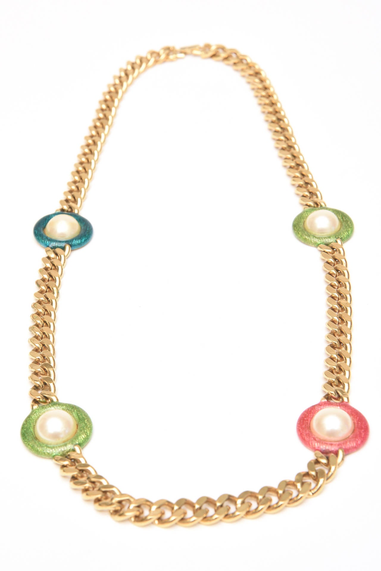 Women's Guy Laroche Gold, Tone Chain Link Strand Necklace with Enamel and Faux Pearl SALE