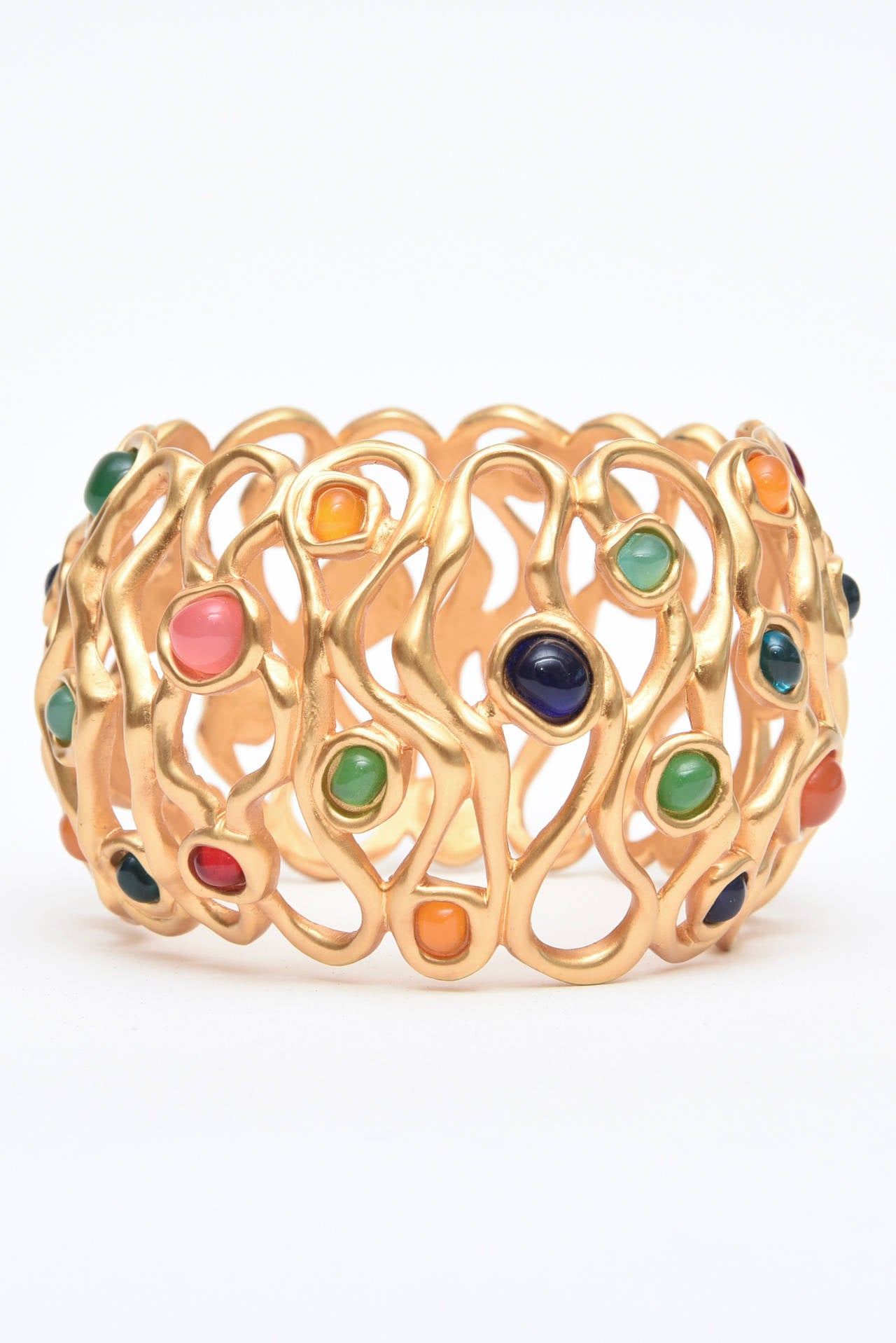 Modern  Jewel Tone Stone Cuff Bracelet With Gold Plate For Sale