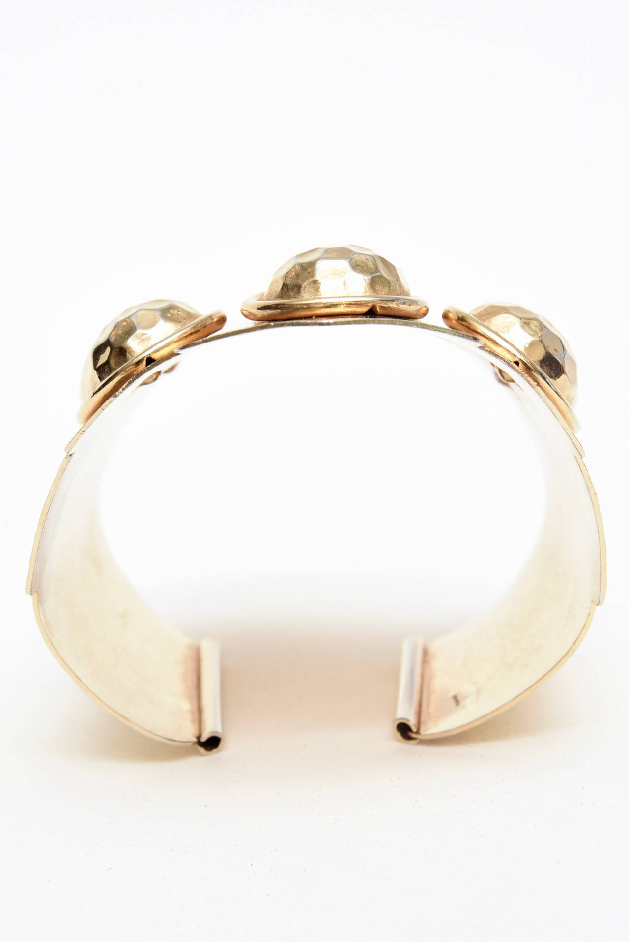 Women's   Brass Hand Hammered Wide Cuff Disk Bracelet Vintage For Sale
