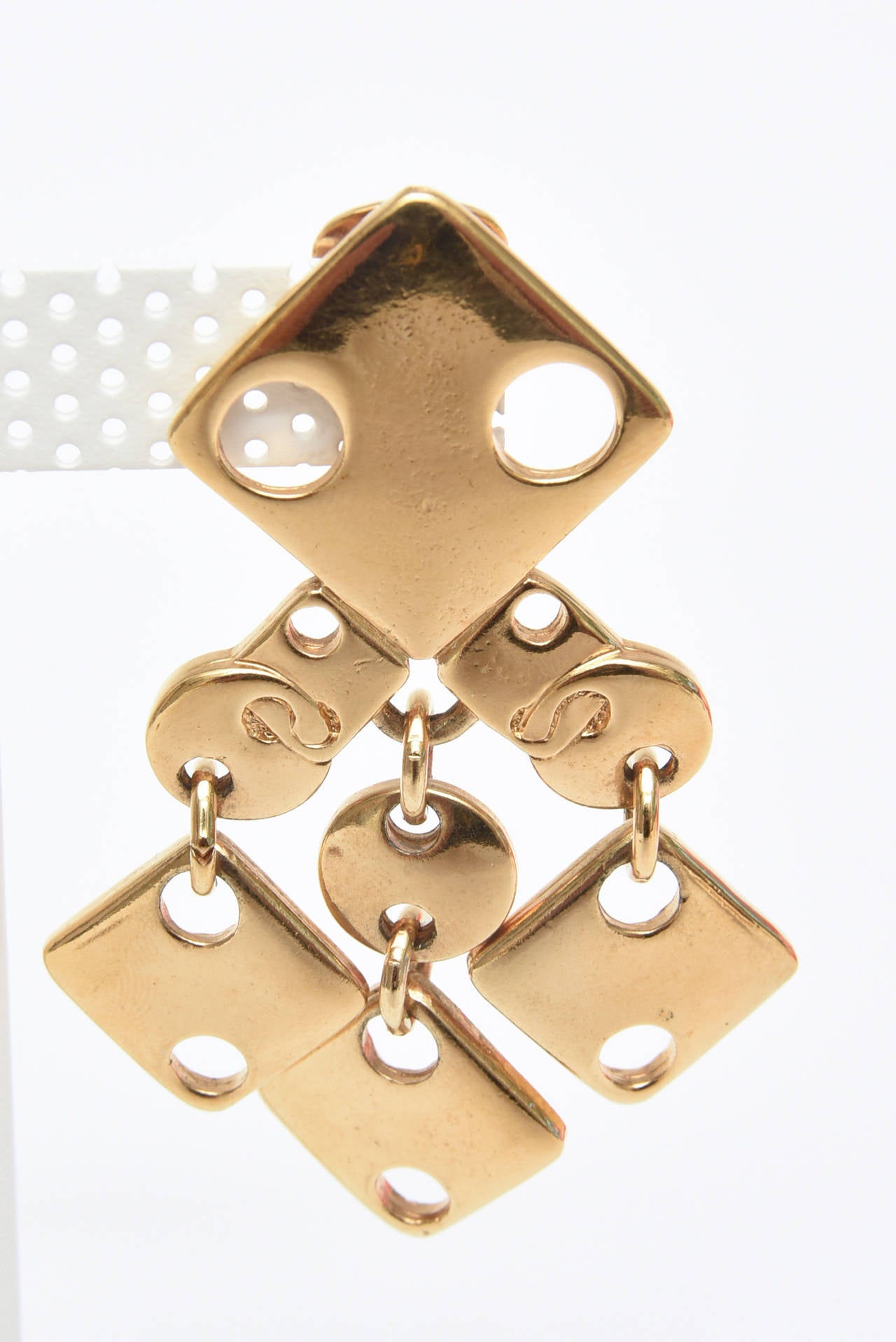 Women's Paco Rabanne Signed Geometric Gold Plated Modernist Brass Earrings 60's For Sale