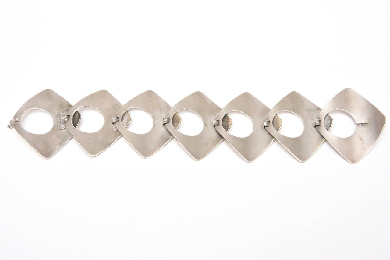  Geometric Sculptural Sterling Silver Link Bracelet Modernist Danish Vintage In Good Condition In North Miami, FL