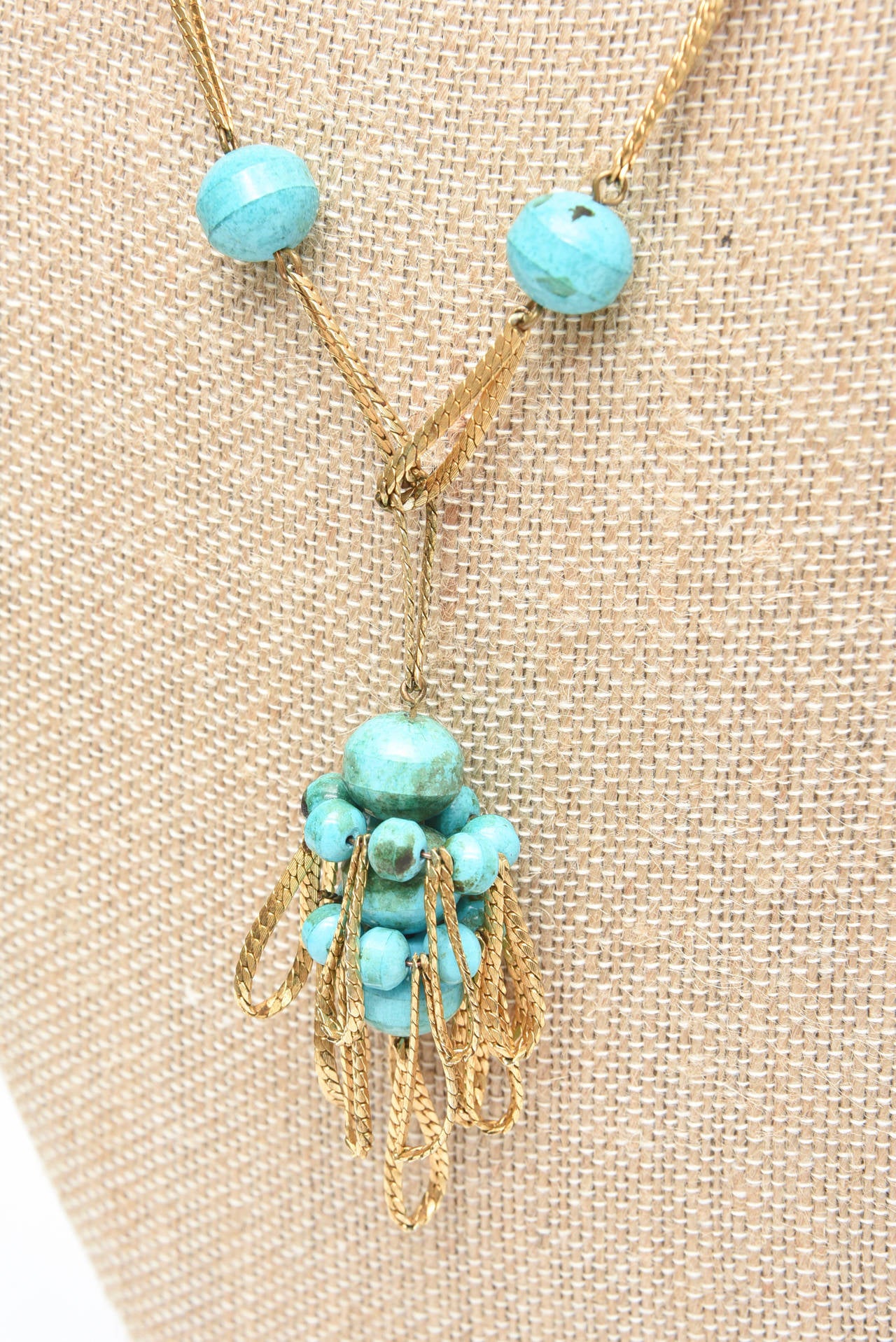 Vintage Hattie Carnegie Turquoise Beaded Tasseled Cluster Necklace In Good Condition In North Miami, FL