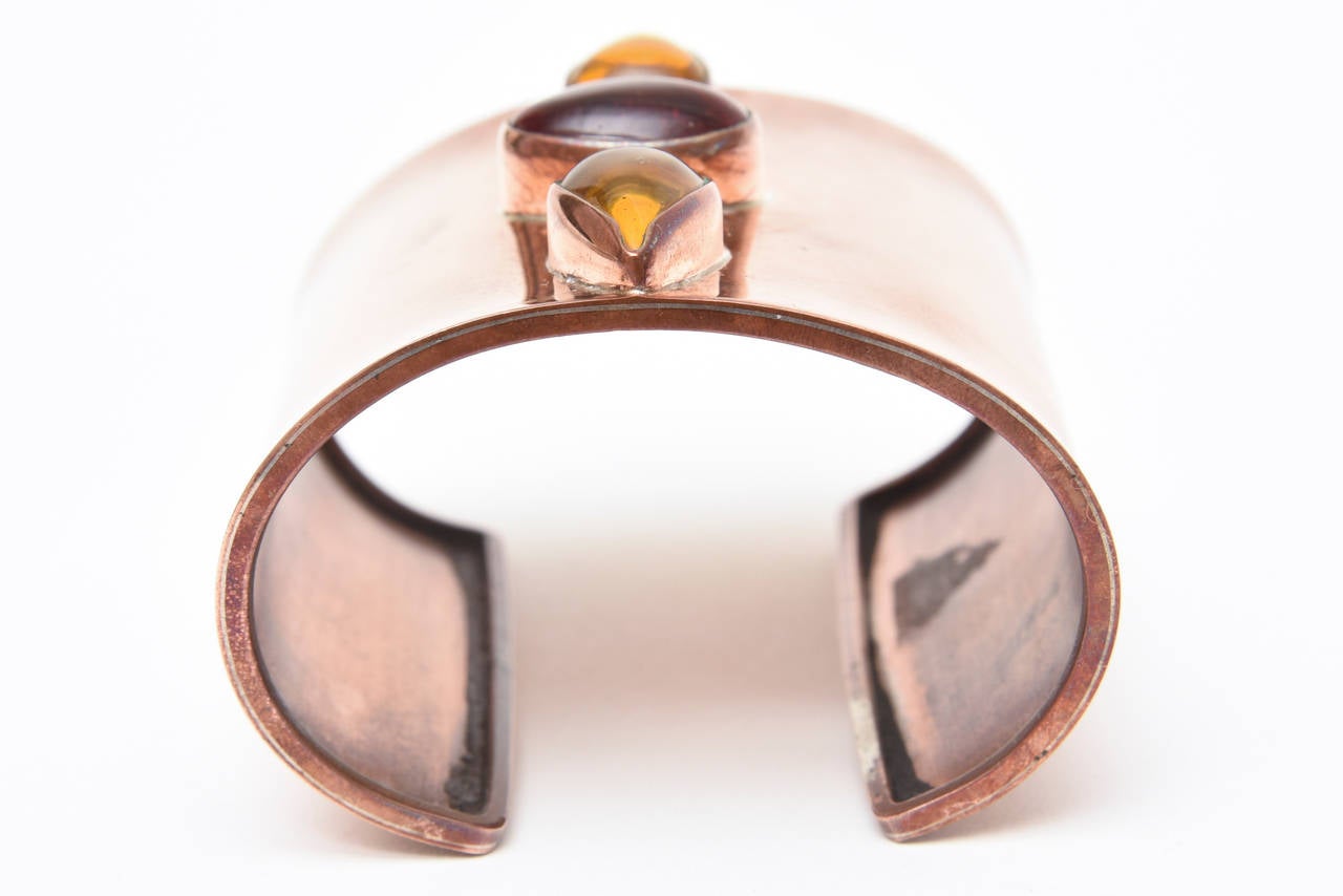 Modern Vintage Copper, Red & Yellow Amber Glass Stones Wide Cuff Bracelet One Of A Kind For Sale
