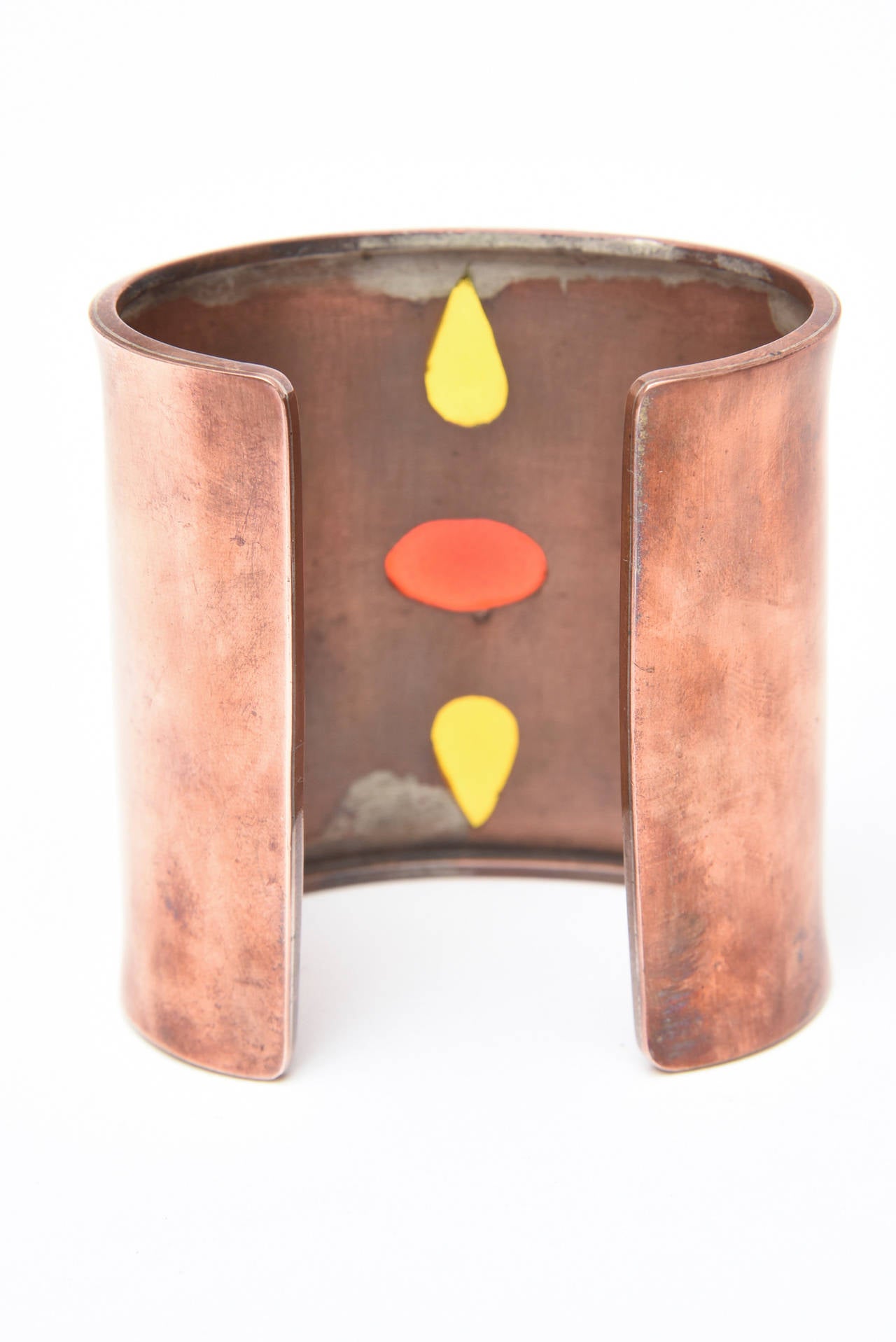 Ball Cut Copper, Red & Yellow Amber Glass Stones Cuff Bracelet Vintage One Of A Kind For Sale