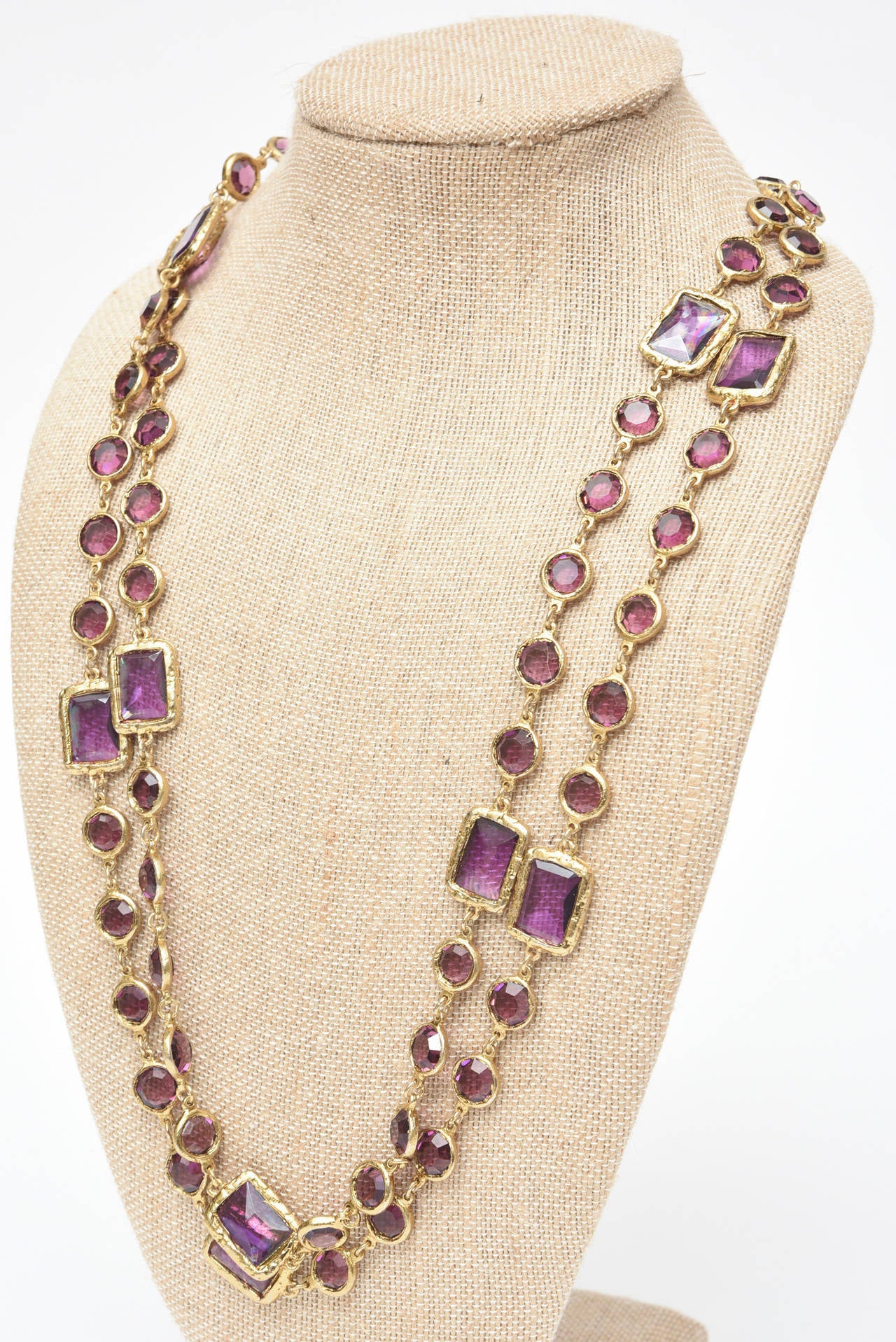 Chanel Purple Glass and Brass Chicklet Necklace In Excellent Condition In North Miami, FL
