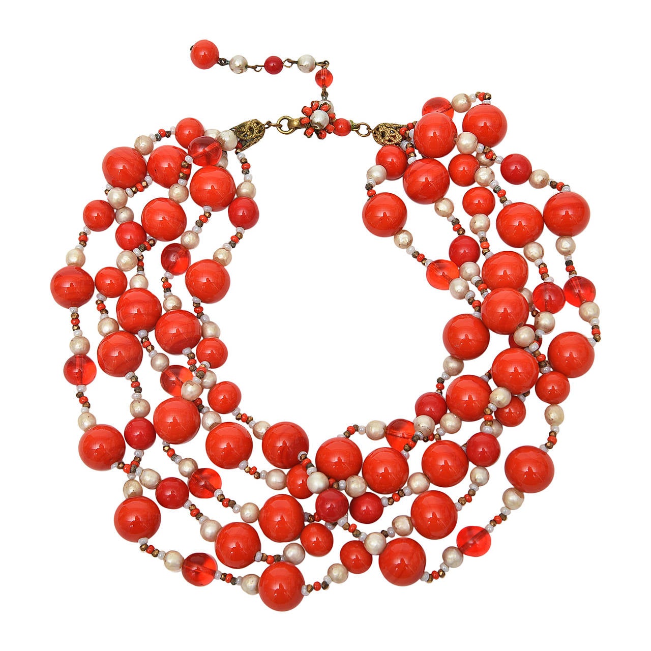 Signed Miriam Haskell 5 Strand Faux Pearl and Orange/Red Glass Bead