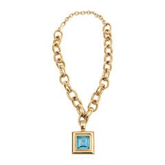 Fabulous Givenchy Link Chain Necklace with Turquoise Faceted Glass Medallion 8